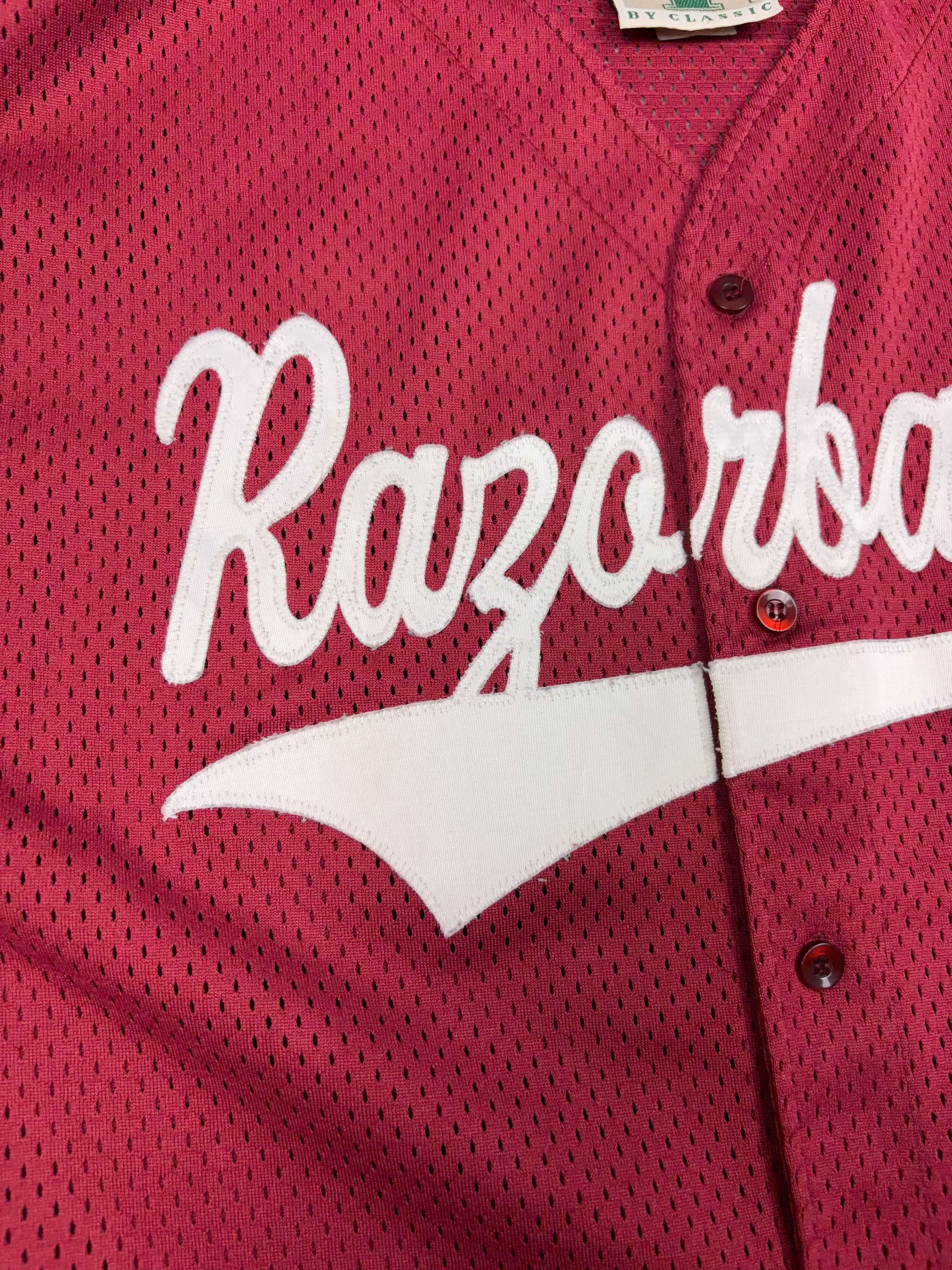 Vintage Arkansas Razorbacks NCAA Script Spellout Baseball Jersey Size Large