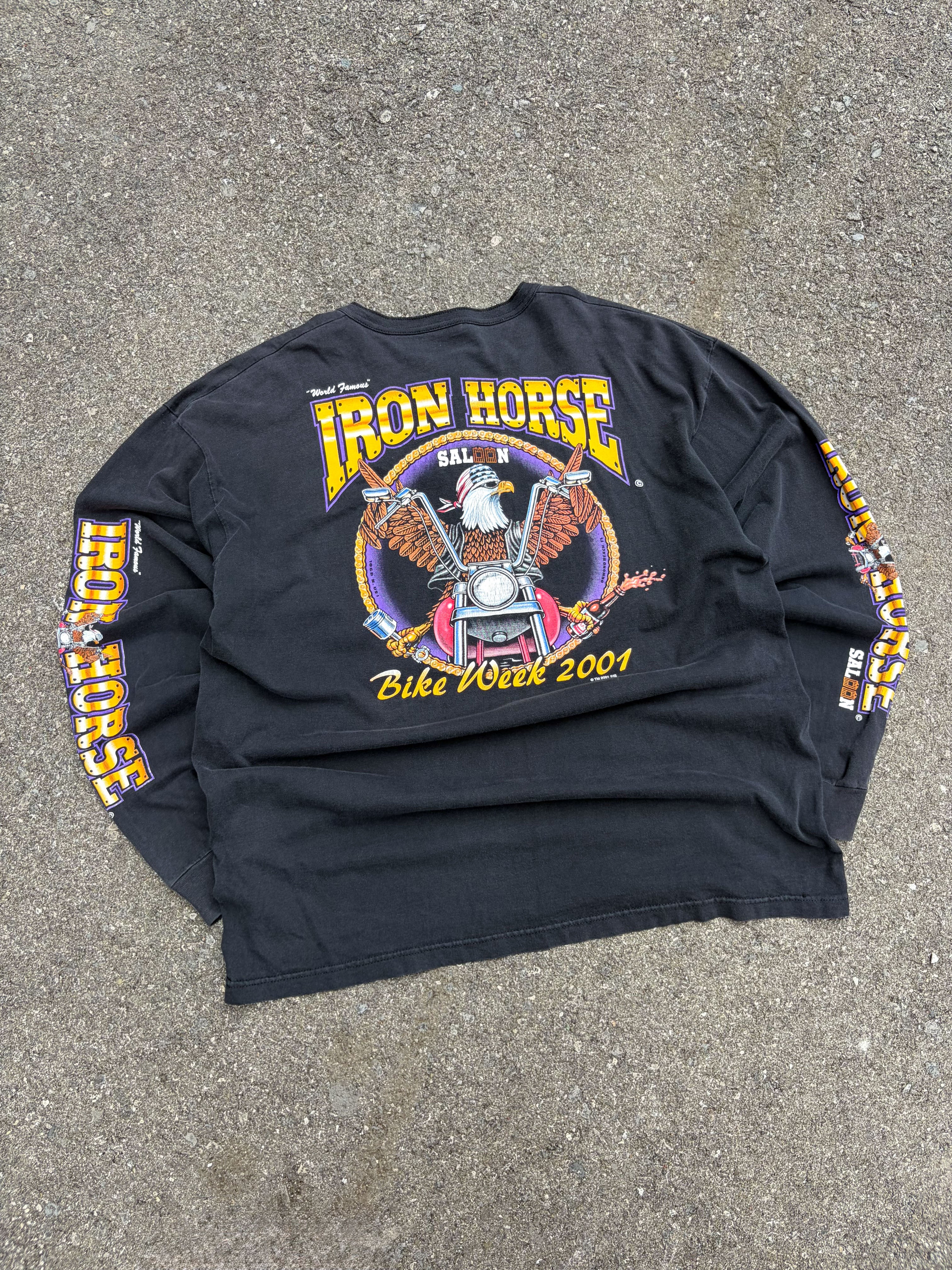 Vintage 2001 Iron Horse Saloon Bike Week Graphic Long Sleeve 1/4 Button T-Shirt Size 2XL