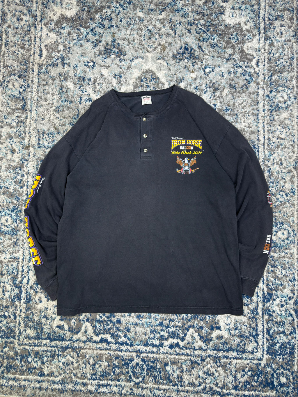 Vintage 2001 Iron Horse Saloon Bike Week Graphic Long Sleeve 1/4 Button T-Shirt Size 2XL