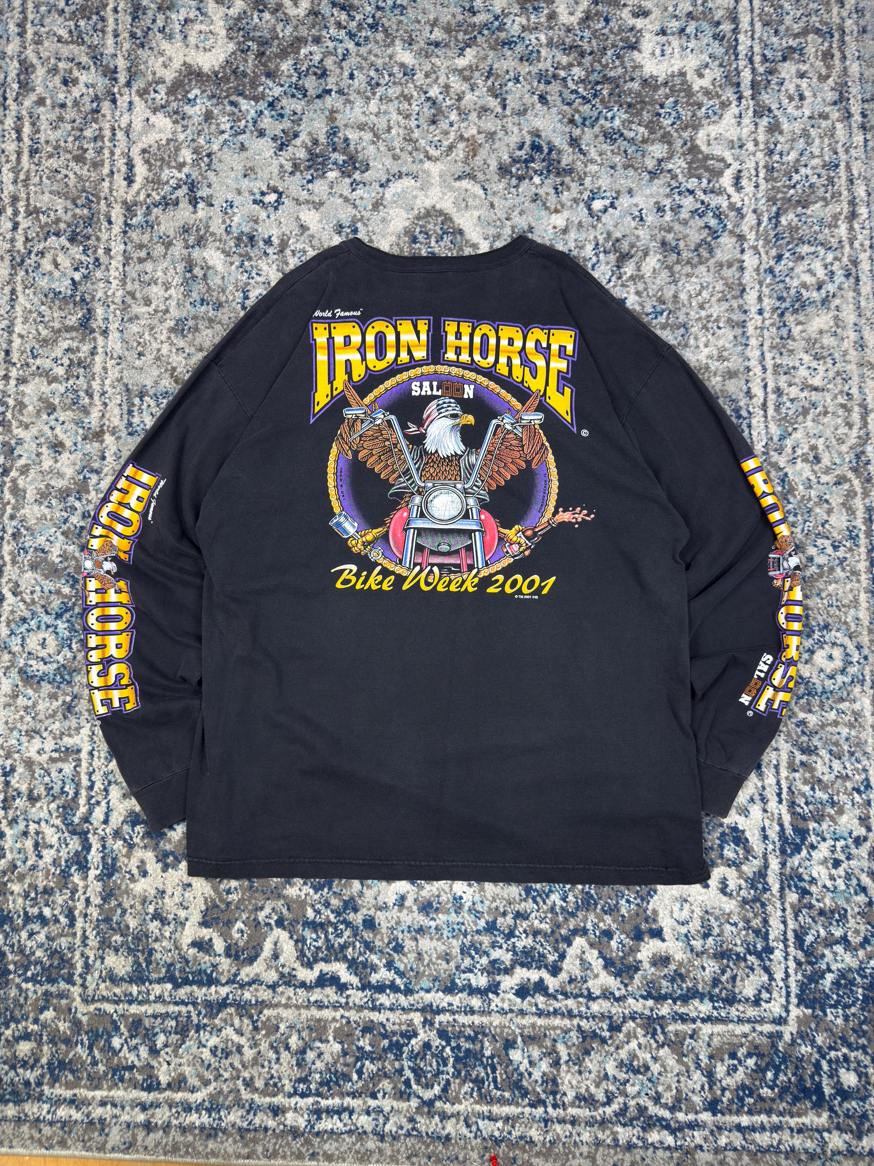 Vintage 2001 Iron Horse Saloon Bike Week Graphic Long Sleeve 1/4 Button T-Shirt Size 2XL