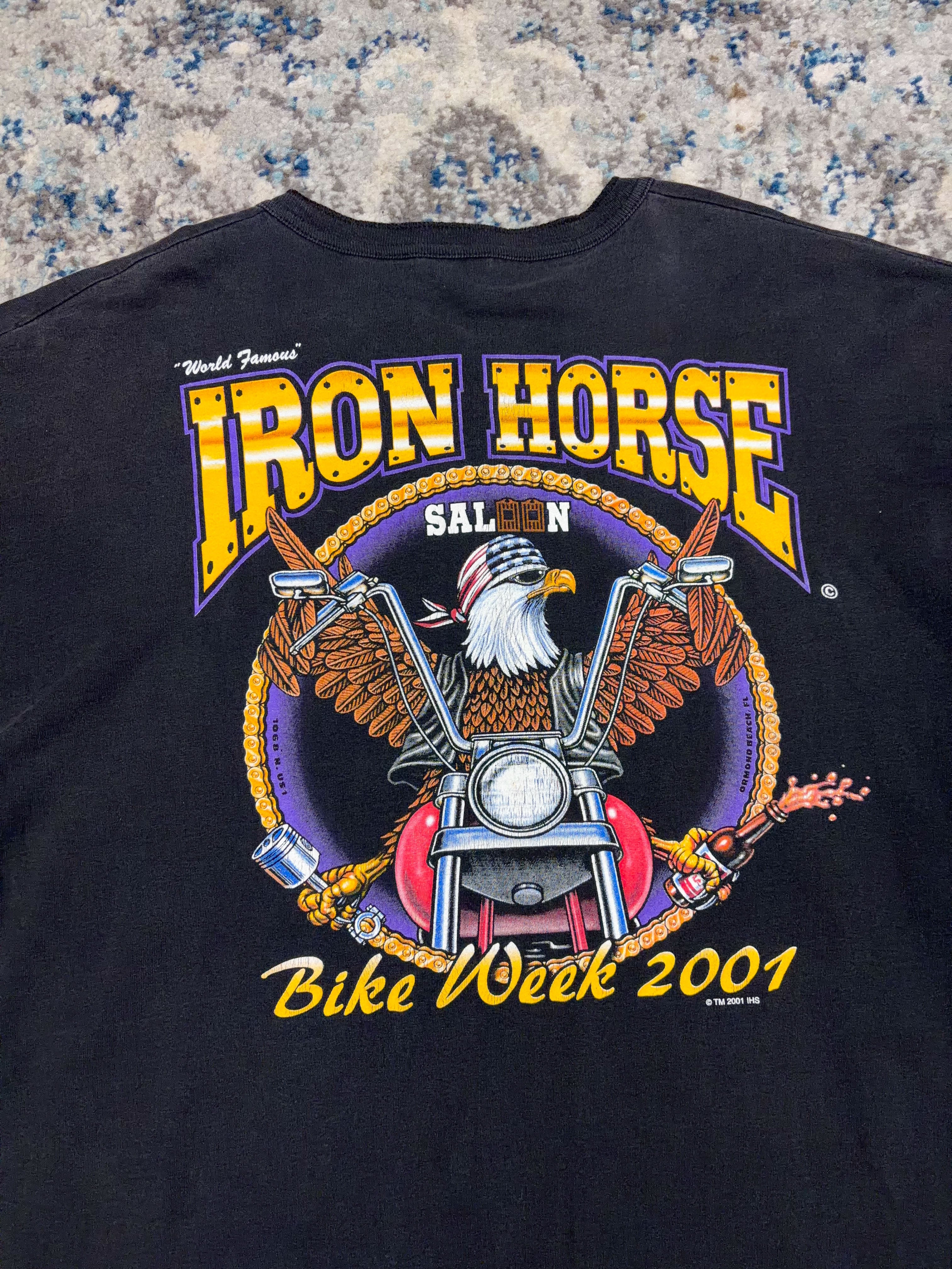 Vintage 2001 Iron Horse Saloon Bike Week Graphic Long Sleeve 1/4 Button T-Shirt Size 2XL