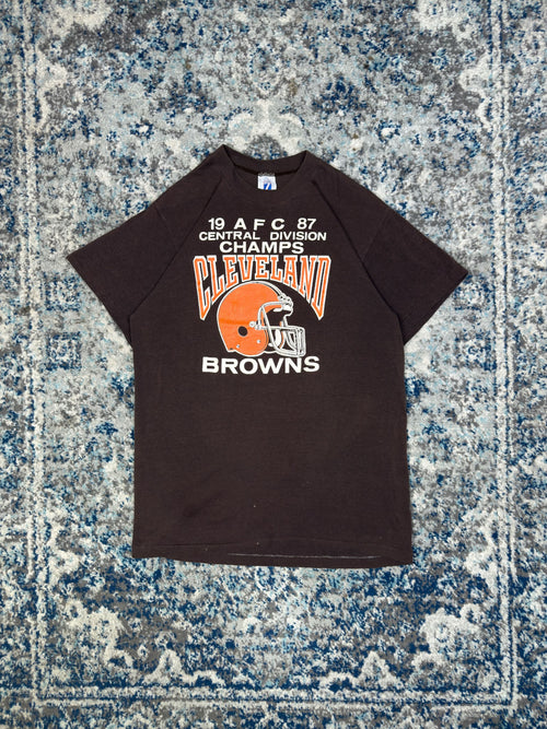 Vintage 1987 Cleveland Browns NFL Helmet Graphic Spellout T-Shirt Size Large