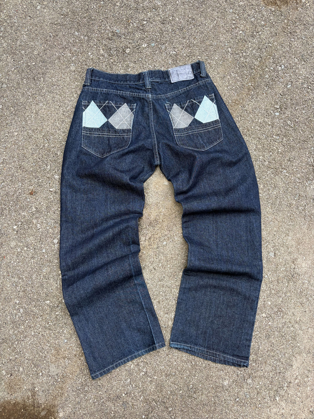 Vintage Y2K Red Ape Argyle Plaid Pocket Stitch Dark Wash Denim Pants Size 35