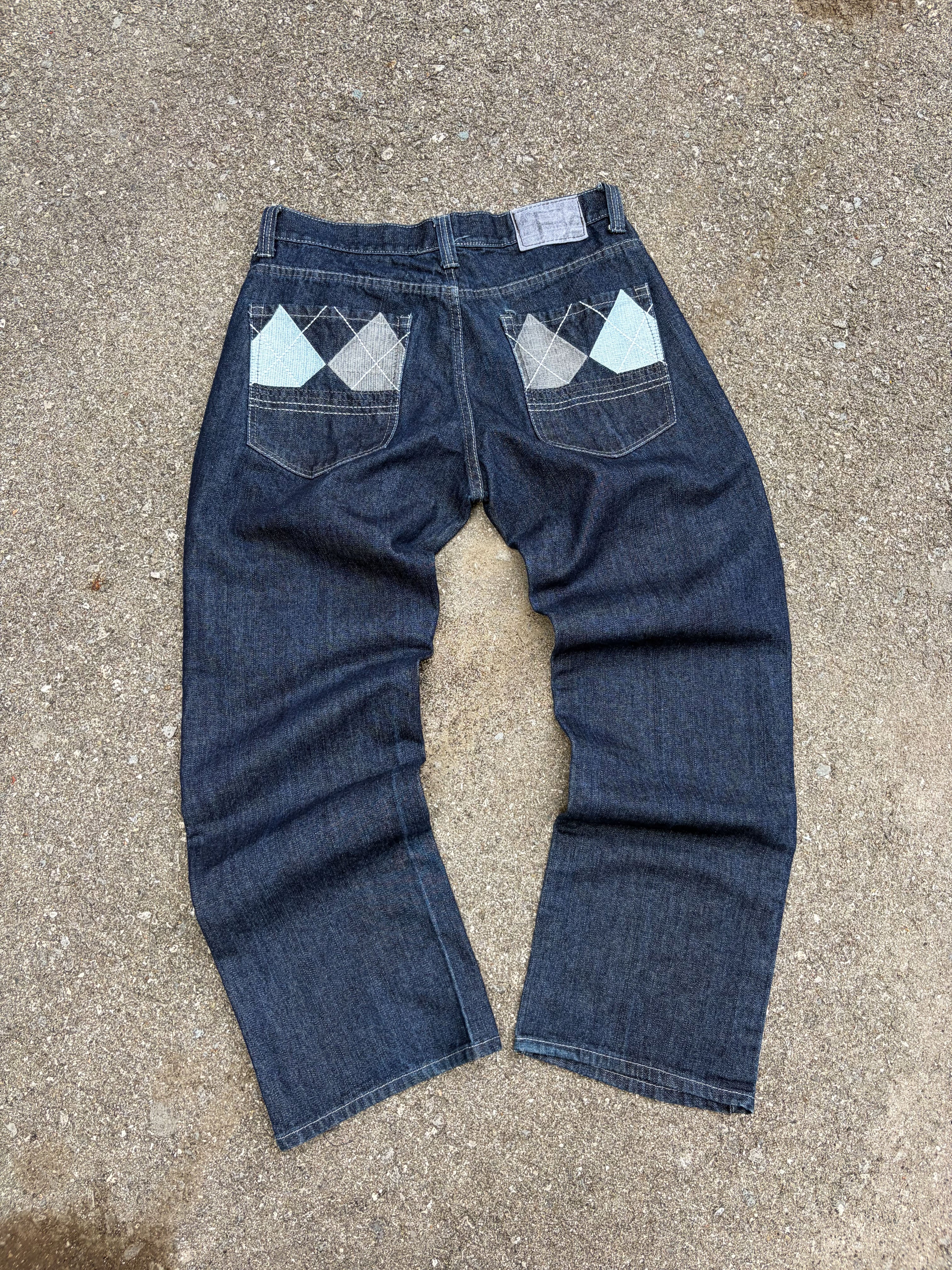 Vintage Y2K Red Ape Argyle Plaid Pocket Stitch Dark Wash Denim Pants Size 35