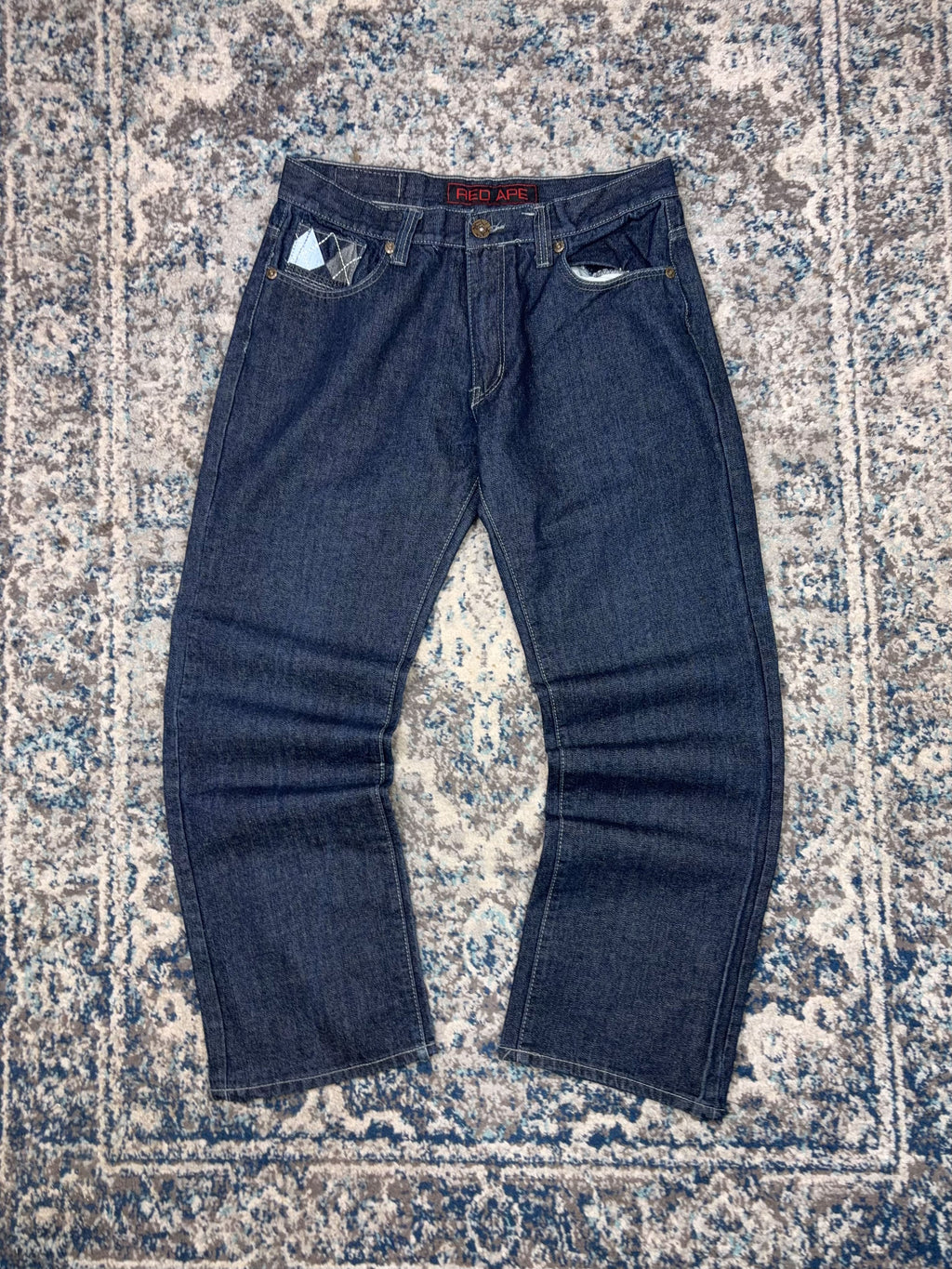 Vintage Y2K Red Ape Argyle Plaid Pocket Stitch Dark Wash Denim Pants Size 35