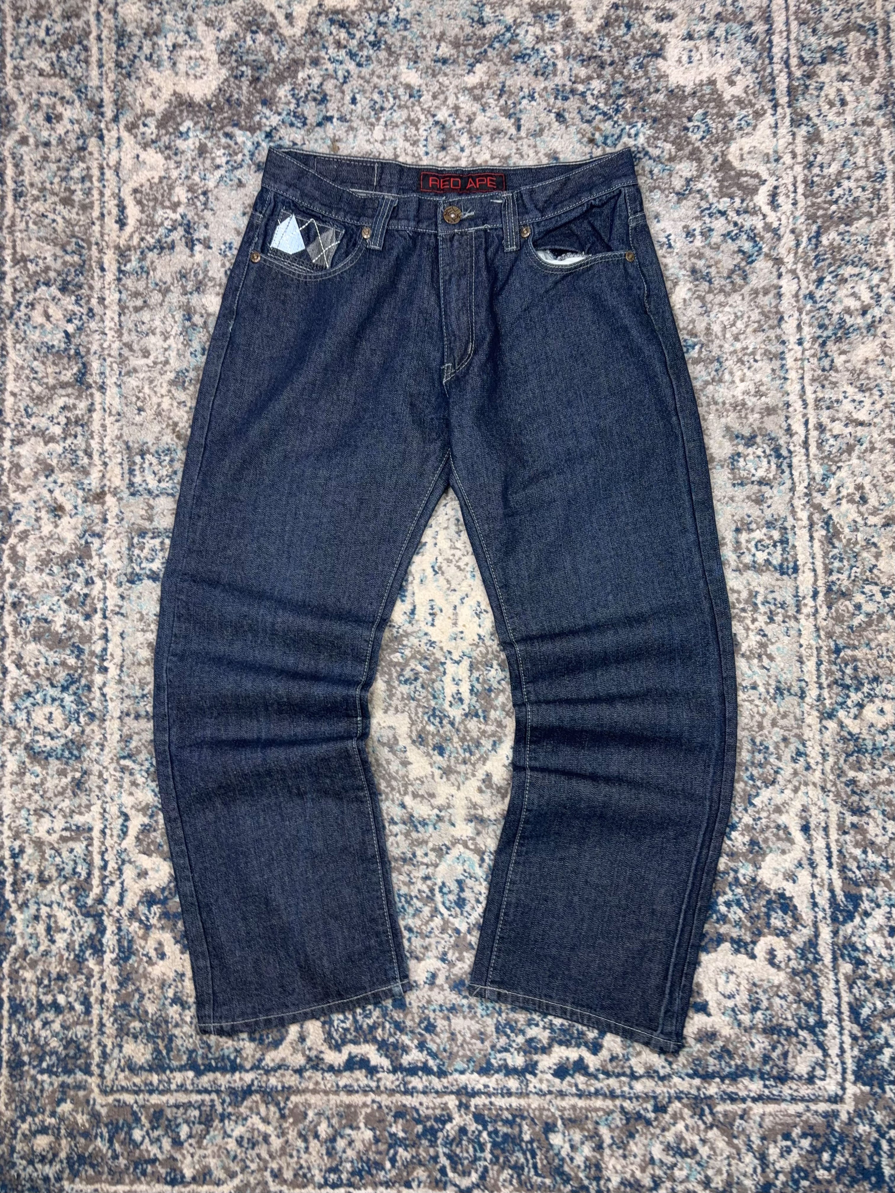 Vintage Y2K Red Ape Argyle Plaid Pocket Stitch Dark Wash Denim Pants Size 35