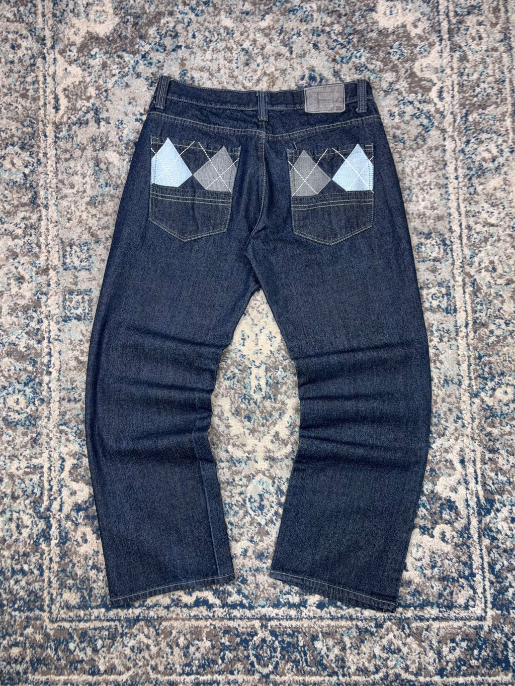 Vintage Y2K Red Ape Argyle Plaid Pocket Stitch Dark Wash Denim Pants Size 35
