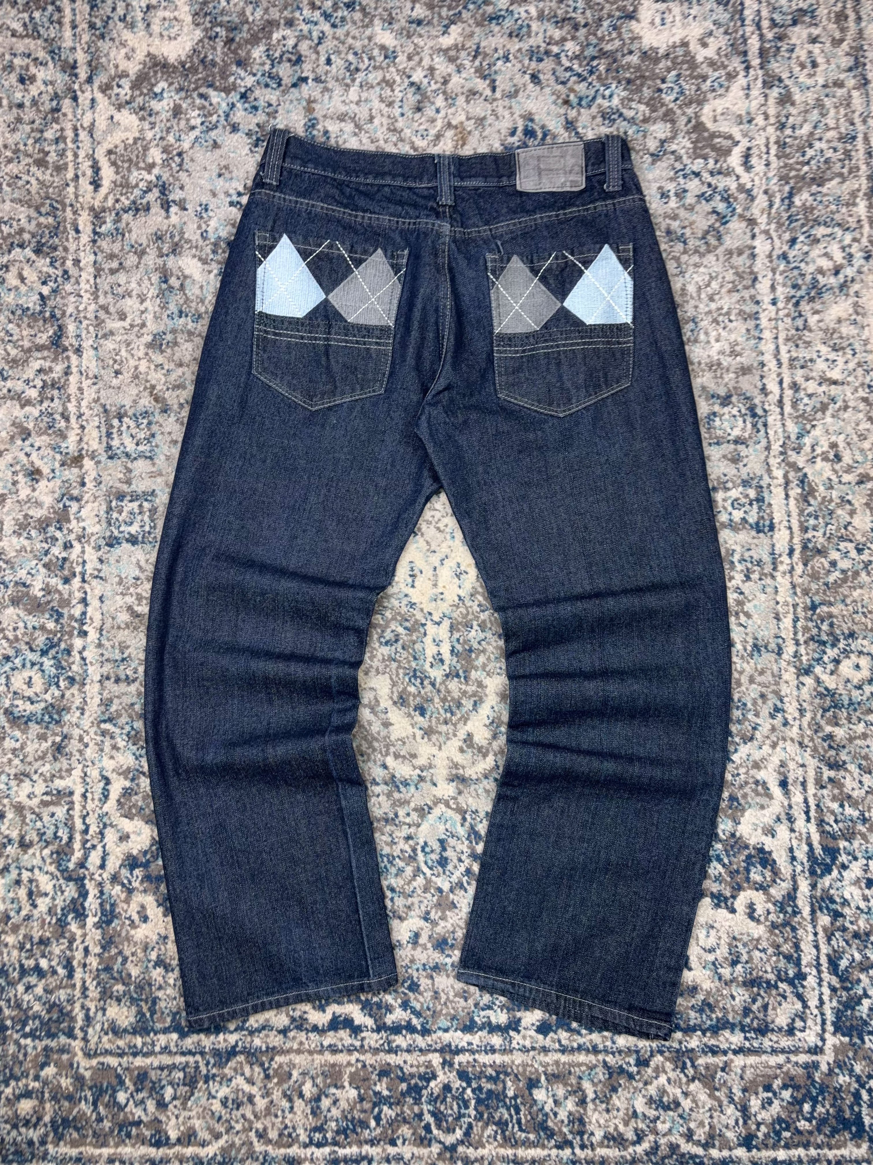 Vintage Y2K Red Ape Argyle Plaid Pocket Stitch Dark Wash Denim Pants Size 35