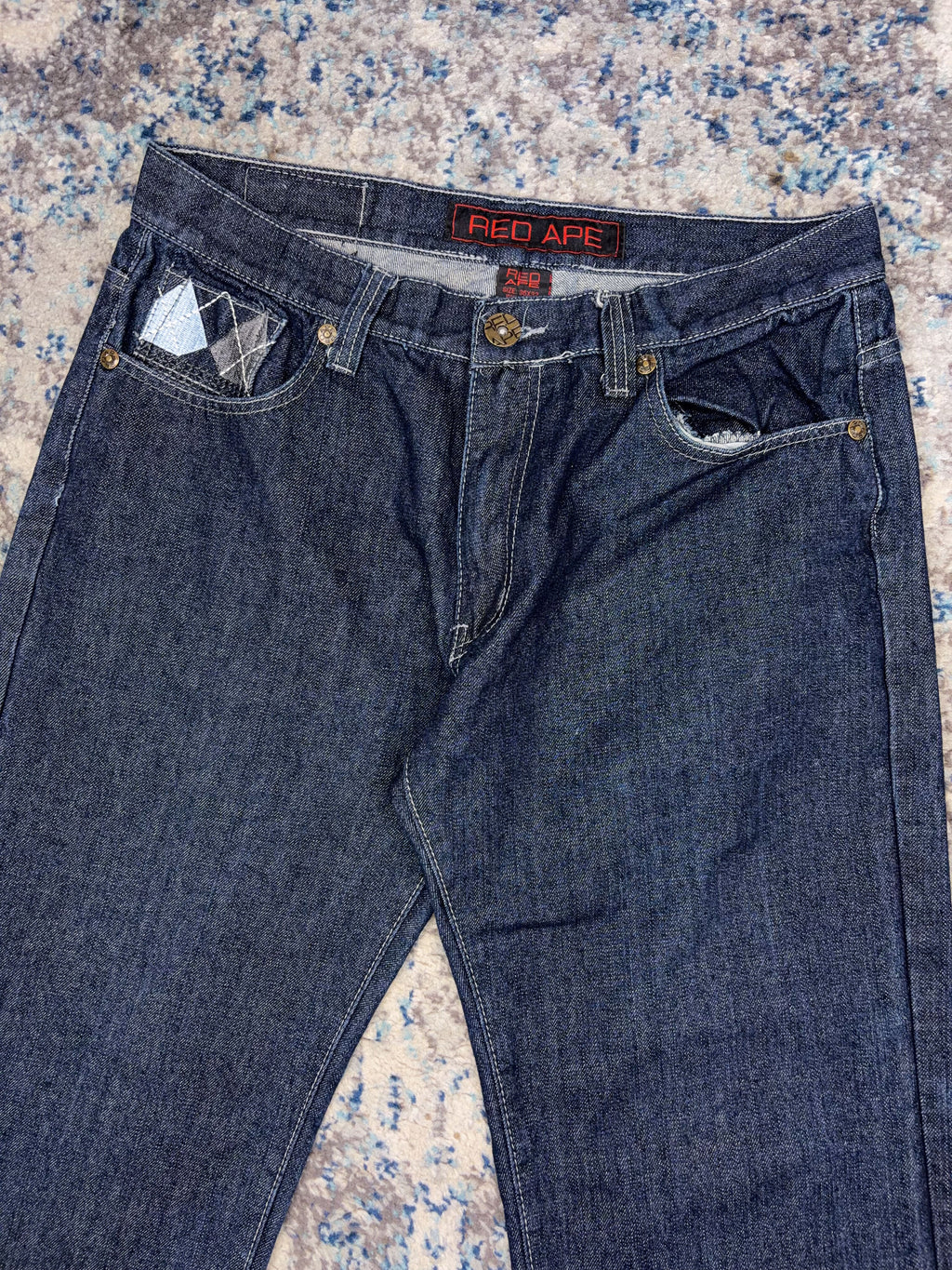 Vintage Y2K Red Ape Argyle Plaid Pocket Stitch Dark Wash Denim Pants Size 35