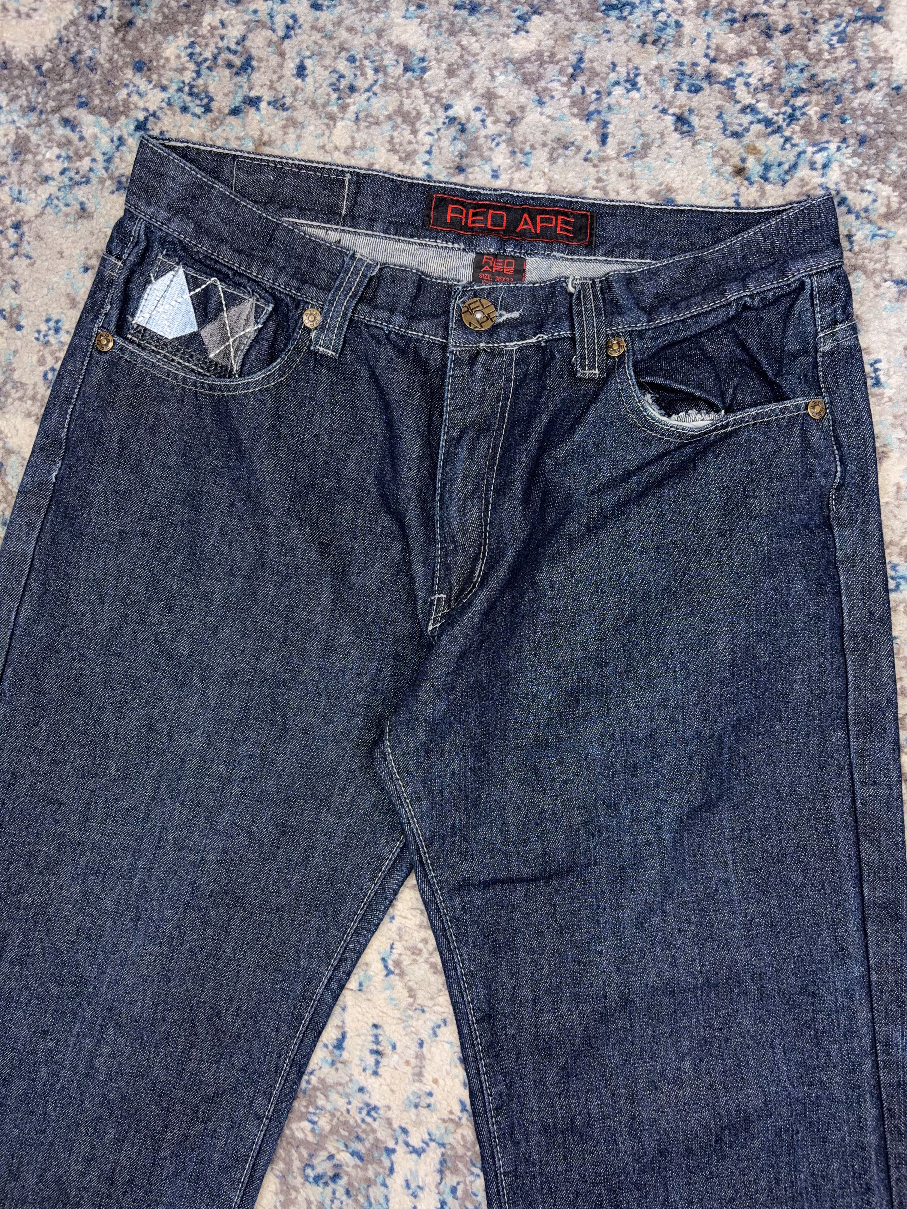 Vintage Y2K Red Ape Argyle Plaid Pocket Stitch Dark Wash Denim Pants Size 35
