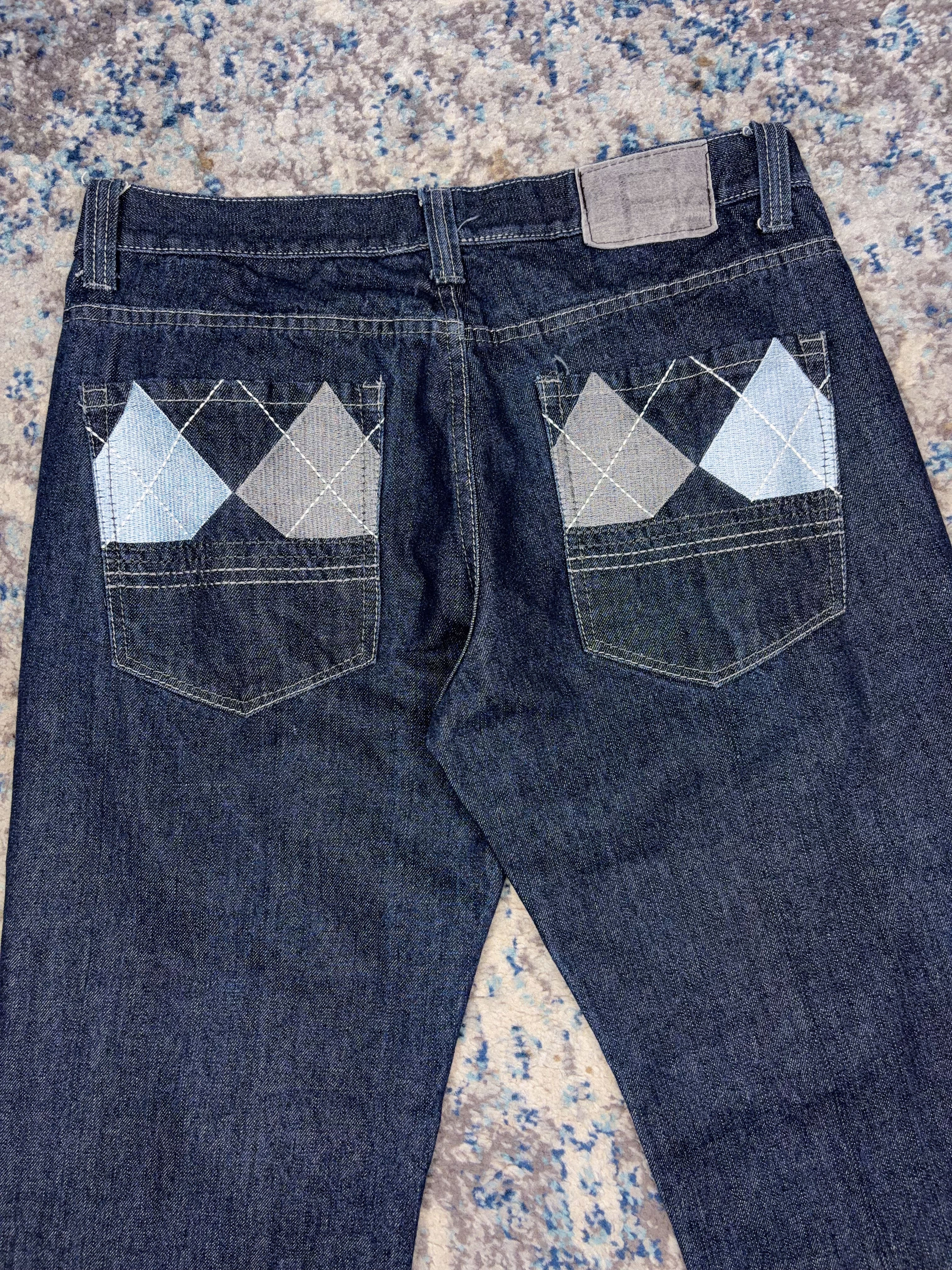 Vintage Y2K Red Ape Argyle Plaid Pocket Stitch Dark Wash Denim Pants Size 35