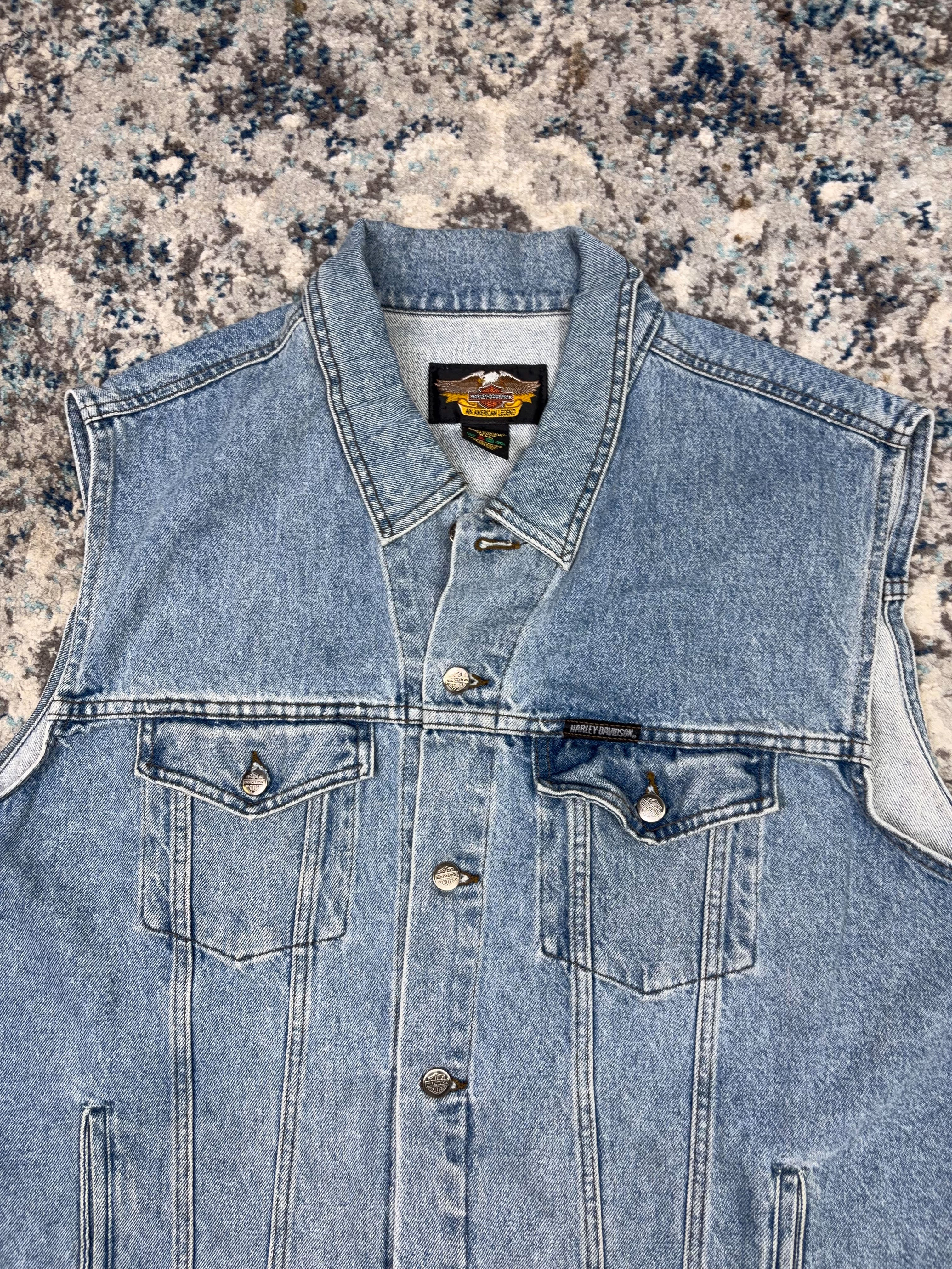 Vintage Harley Davidson Light Wash Denim Trucker Vest Jacket Size 2XL