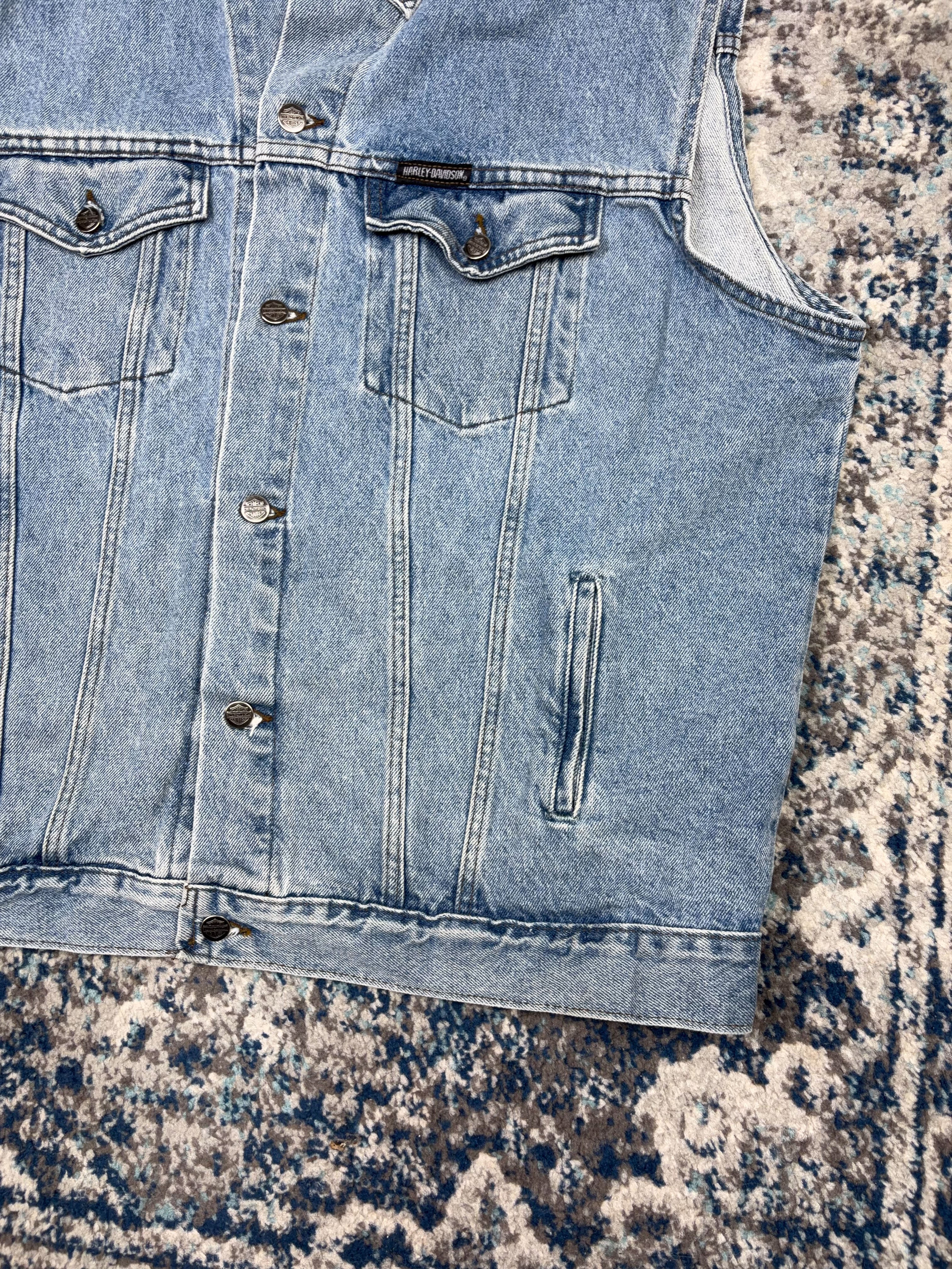 Vintage Harley Davidson Light Wash Denim Trucker Vest Jacket Size 2XL
