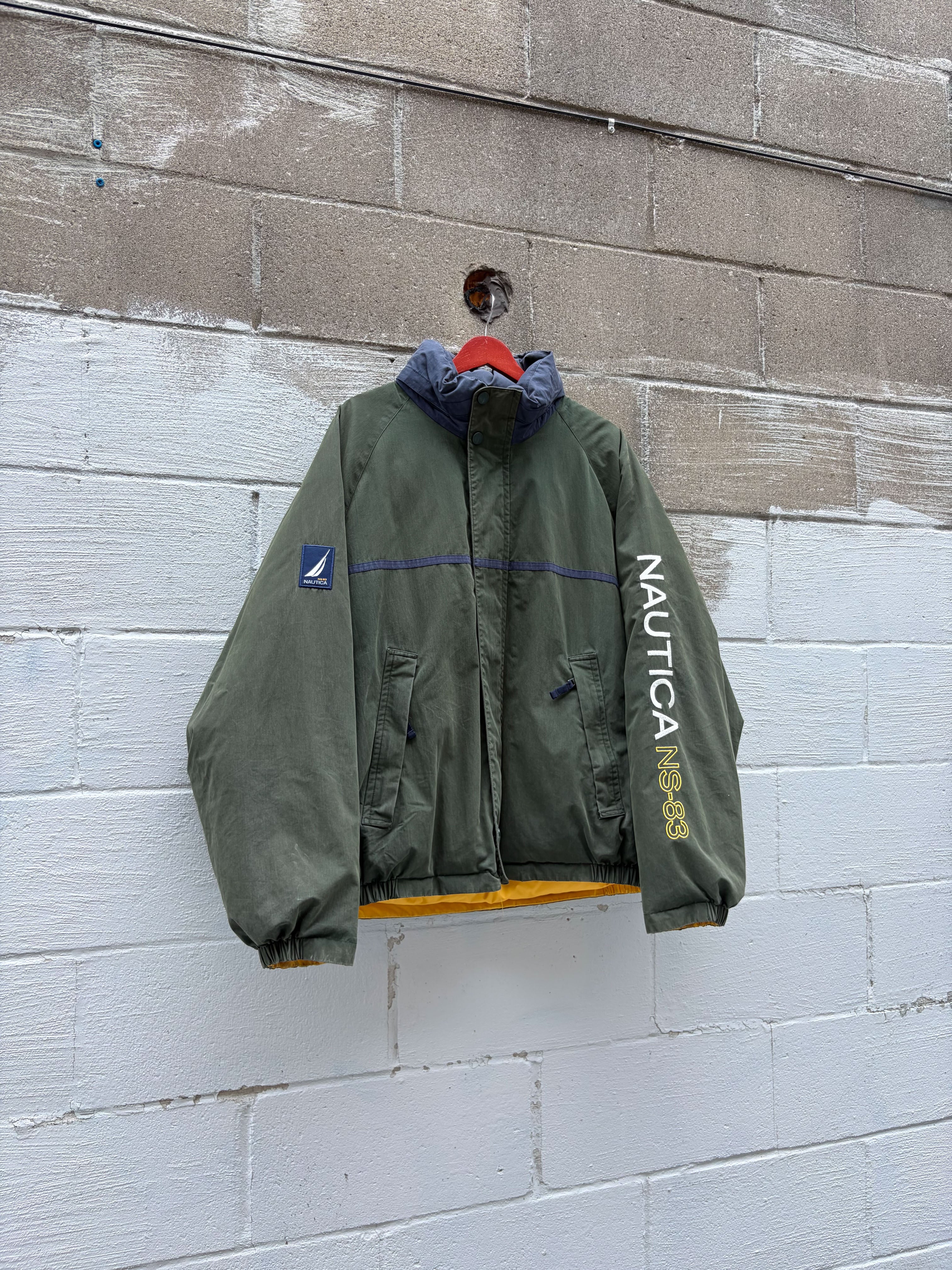 Vintage Nautica NS-83 Embroidered Sleeve Spellout Reversible Puffer Jacket Size XL
