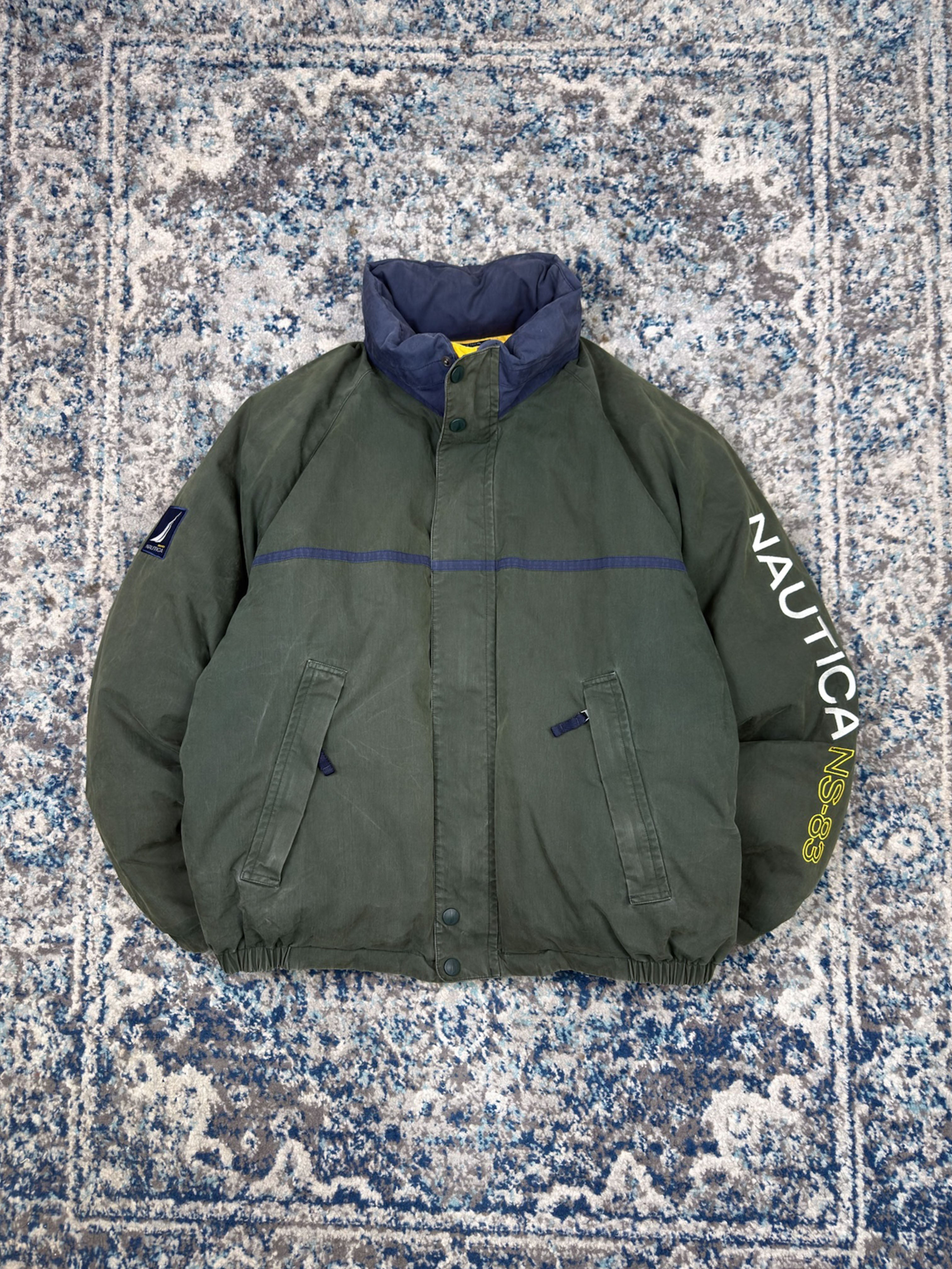 Vintage Nautica NS-83 Embroidered Sleeve Spellout Reversible Puffer Jacket Size XL