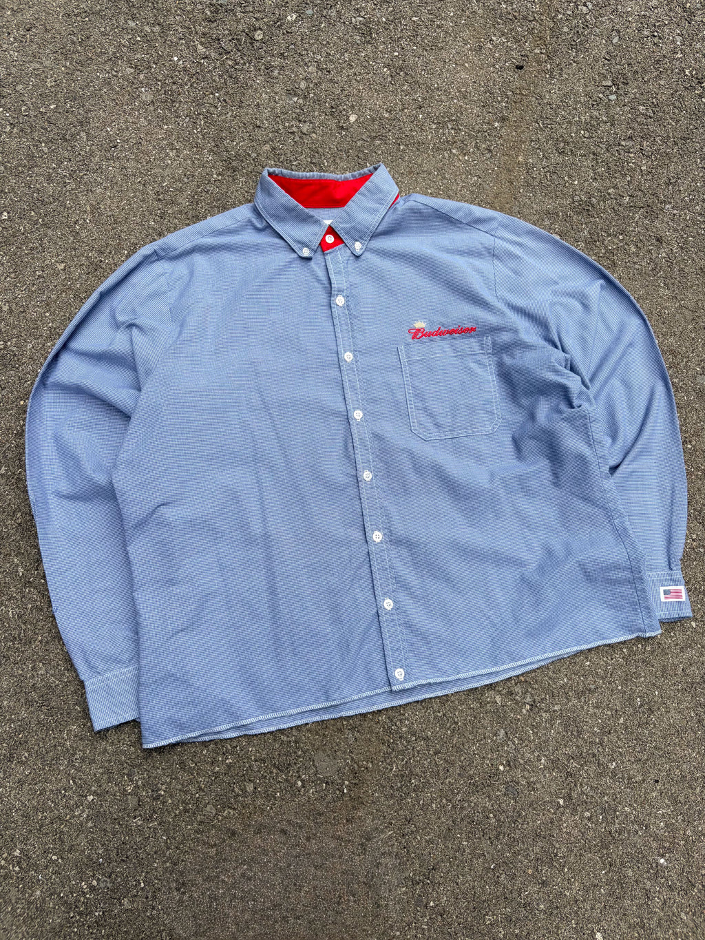 Vintage Budweiser Embroidered Logo Long Sleeve Cropped Reworked Button Up Shirt Size 2XL