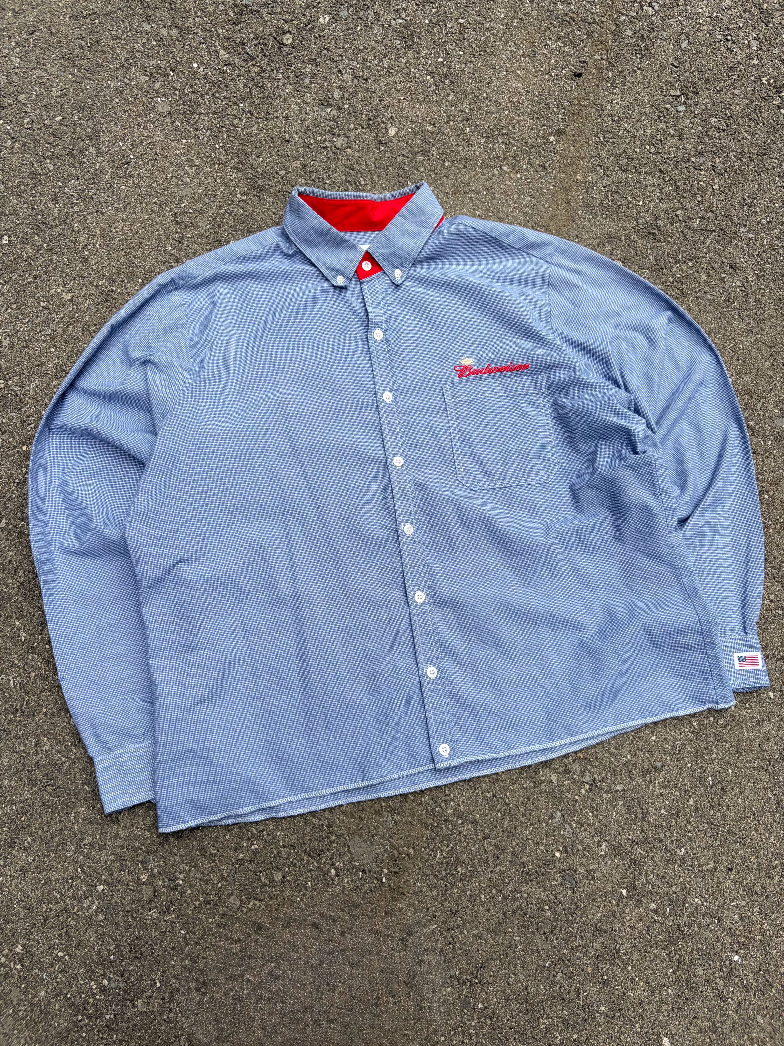 Vintage Budweiser Embroidered Logo Long Sleeve Cropped Reworked Button Up Shirt Size 2XL