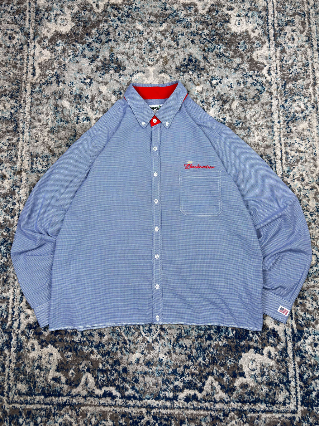 Vintage Budweiser Embroidered Logo Long Sleeve Cropped Reworked Button Up Shirt Size 2XL