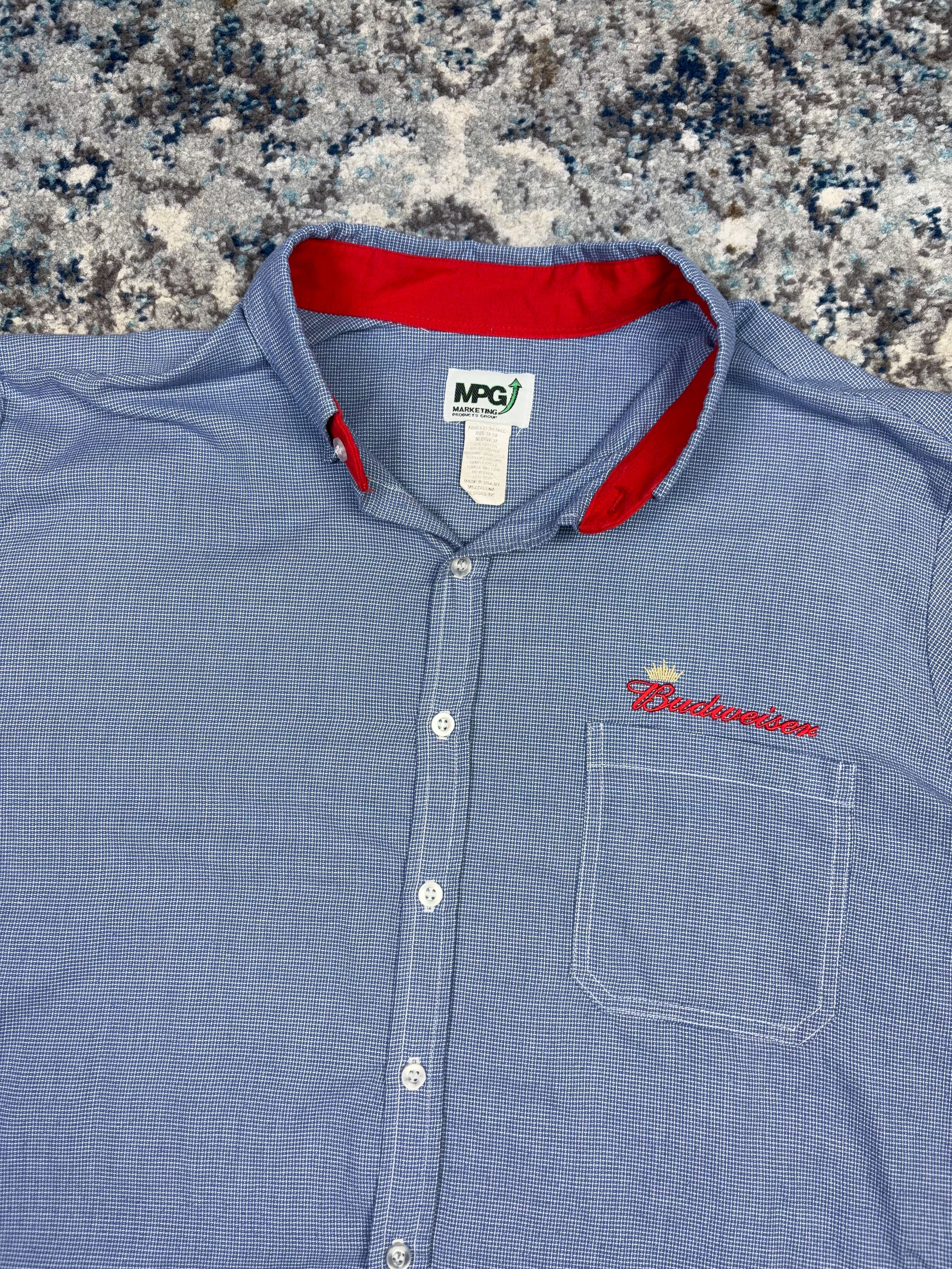 Vintage Budweiser Embroidered Logo Long Sleeve Cropped Reworked Button Up Shirt Size 2XL