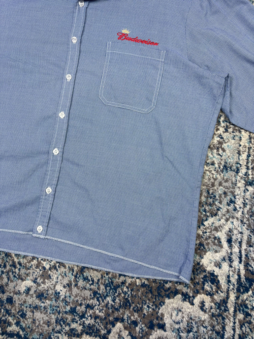 Vintage Budweiser Embroidered Logo Long Sleeve Cropped Reworked Button Up Shirt Size 2XL