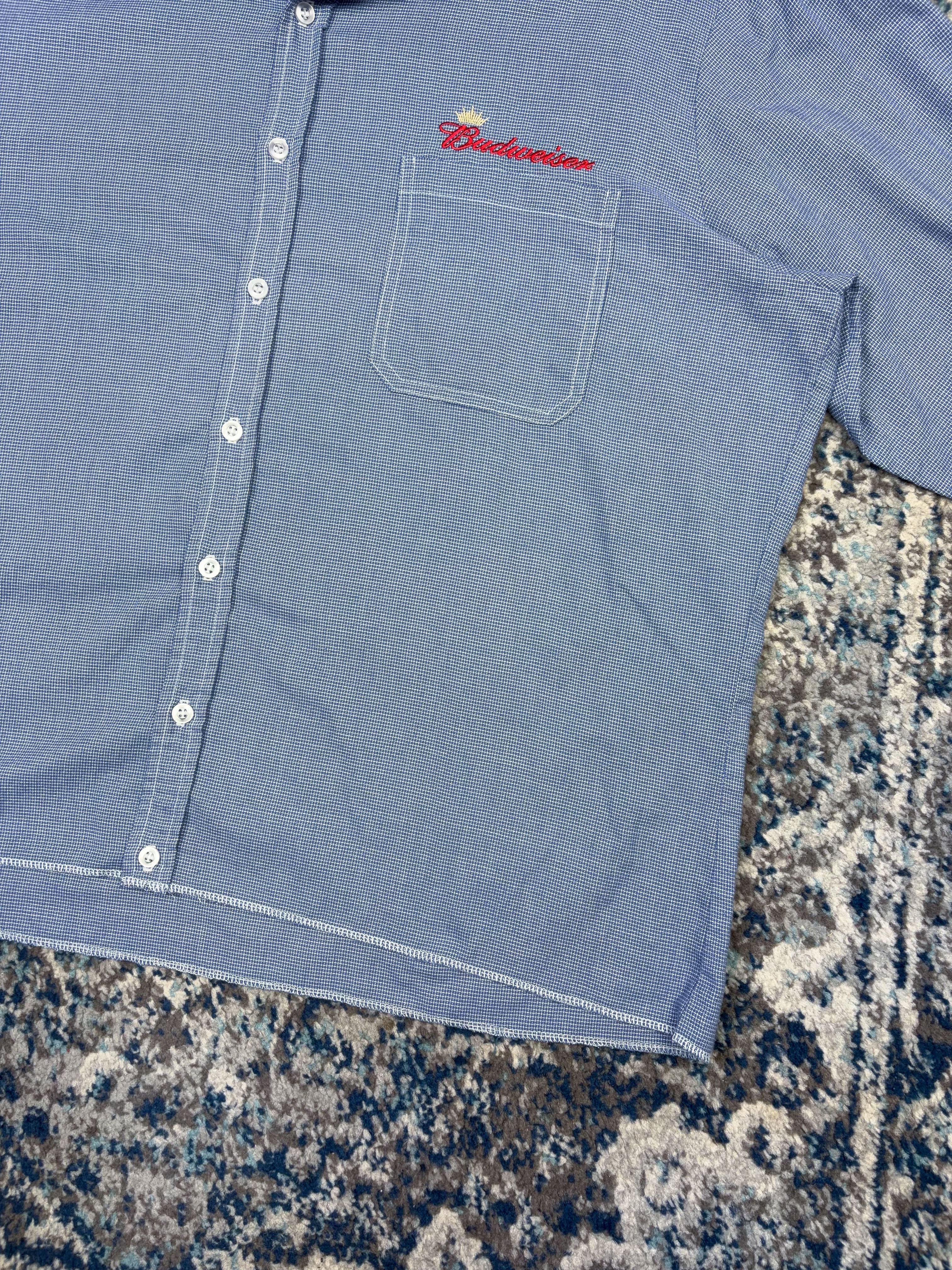Vintage Budweiser Embroidered Logo Long Sleeve Cropped Reworked Button Up Shirt Size 2XL