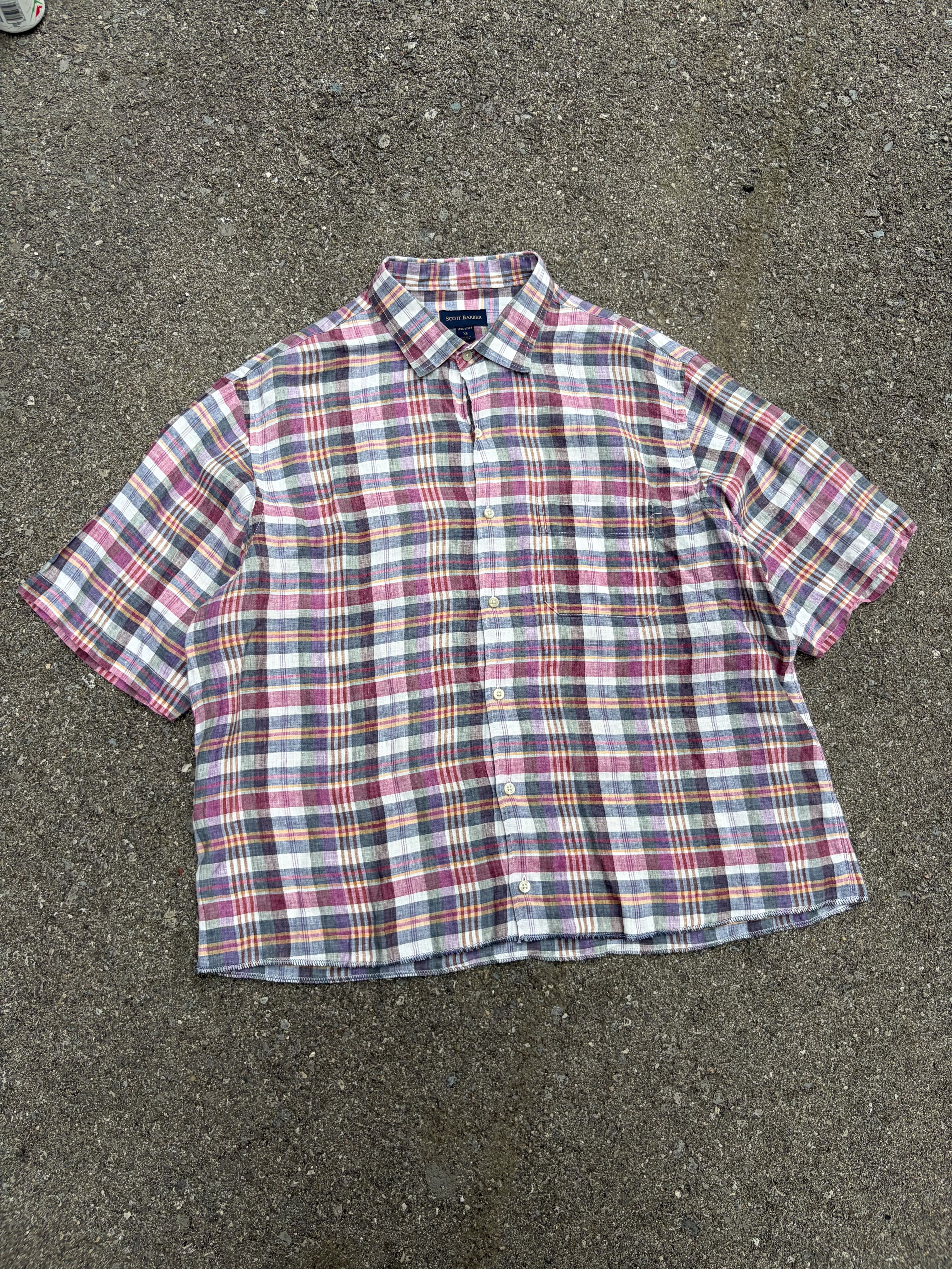 Vintage Scott Barber Plaid Short Sleeve Cropped Reworked Button Up Shirt Size XL