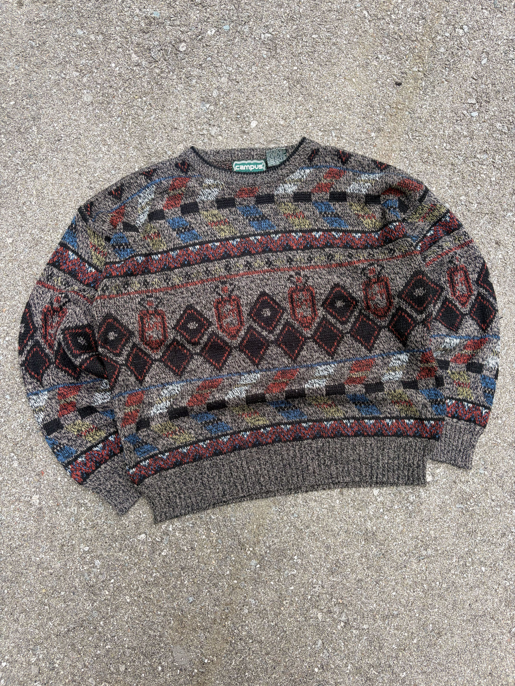 Vintage Campus Geometric Pattern Print Pullover Knit Sweater Size XL