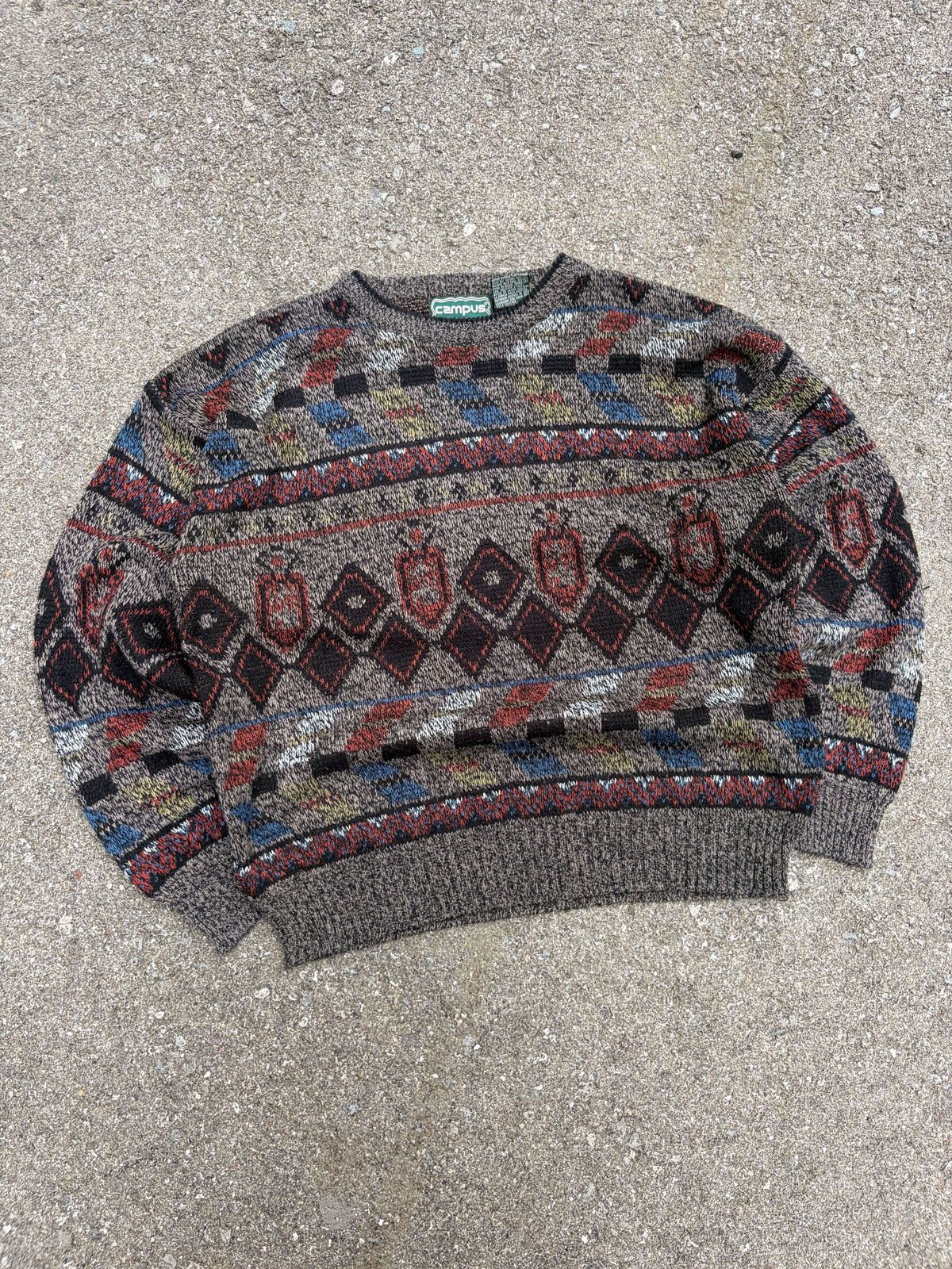 Vintage Campus Geometric Pattern Print Pullover Knit Sweater Size XL