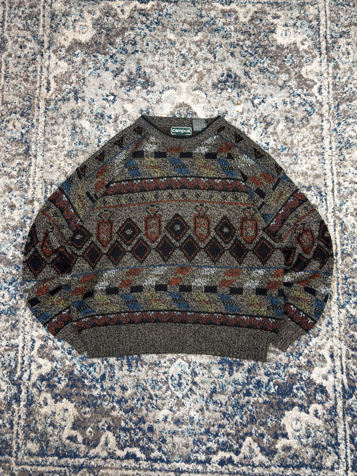Vintage Campus Geometric Pattern Print Pullover Knit Sweater Size XL
