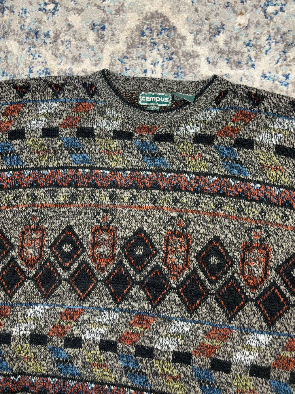 Vintage Campus Geometric Pattern Print Pullover Knit Sweater Size XL