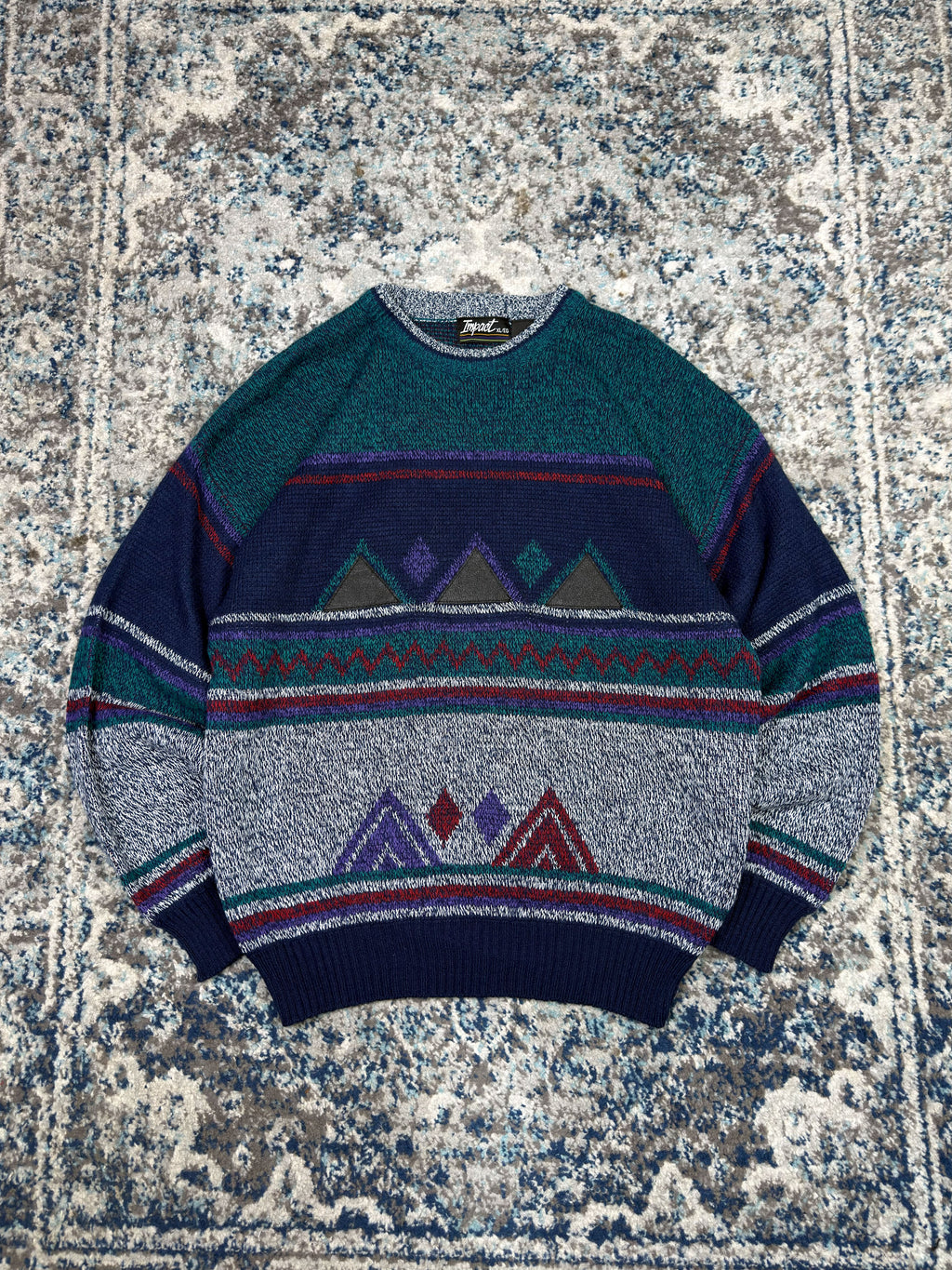 Vintage 90s Impact Aztec Pattern Print Pullover Knit Sweater Size XL