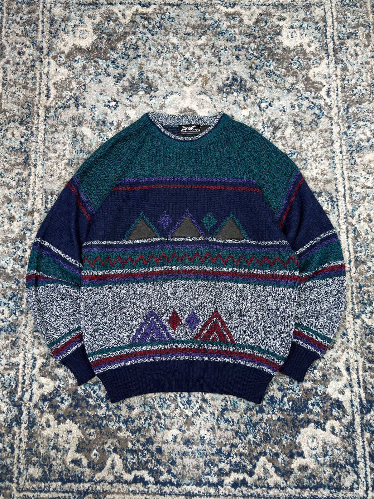 Vintage 90s Impact Aztec Pattern Print Pullover Knit Sweater Size XL