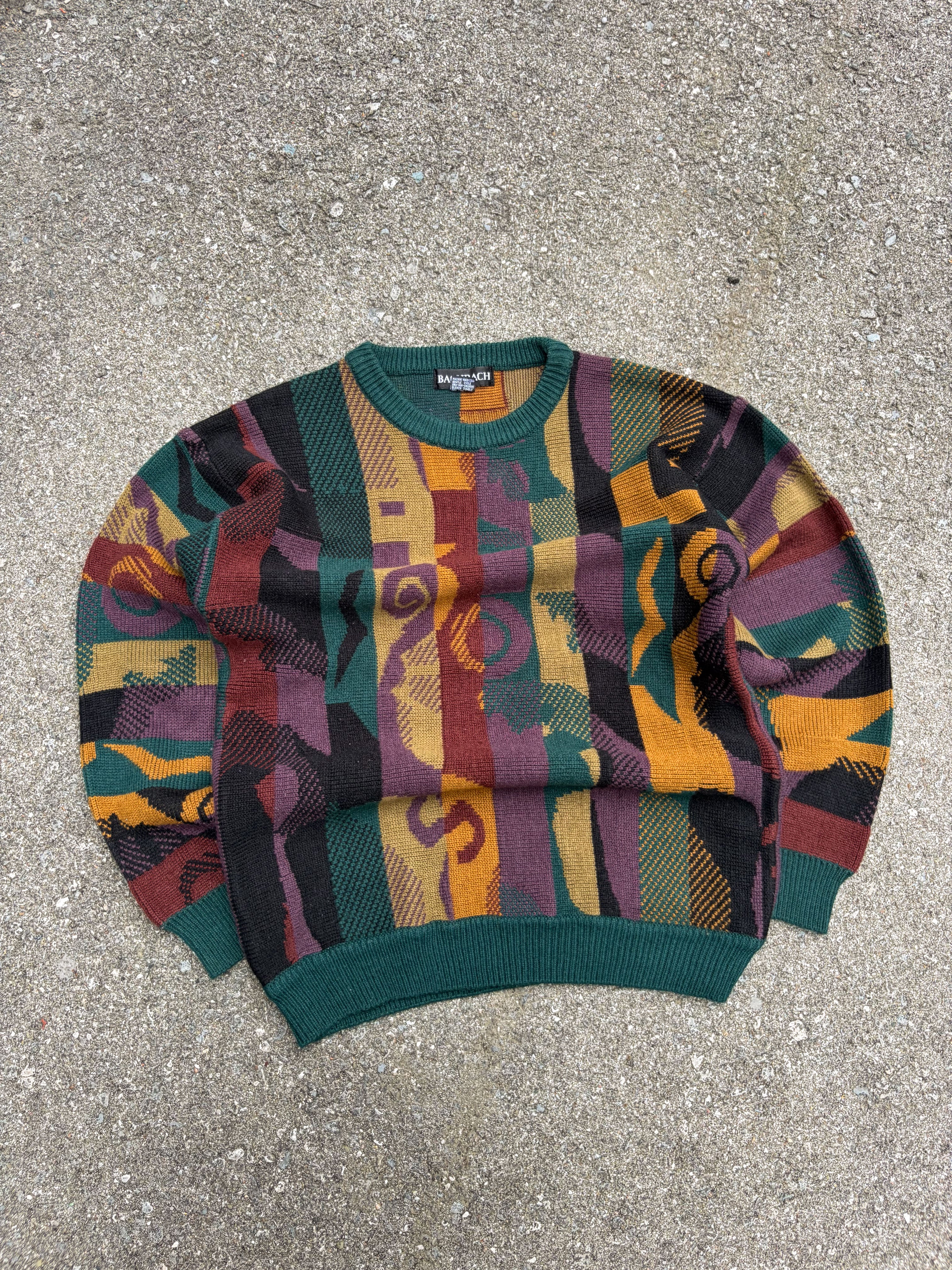 Vintage 90s Bacharach Abstract Stripe Pattern Ribbed Collar Pullover Knit Sweater Size Medium