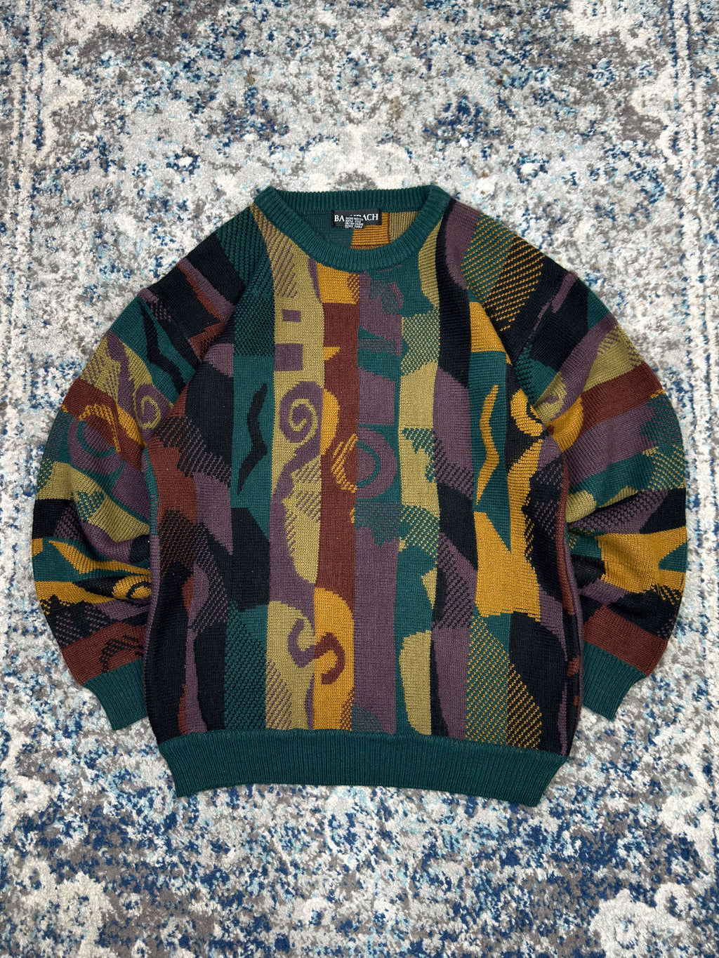 Vintage 90s Bacharach Abstract Stripe Pattern Ribbed Collar Pullover Knit Sweater Size Medium