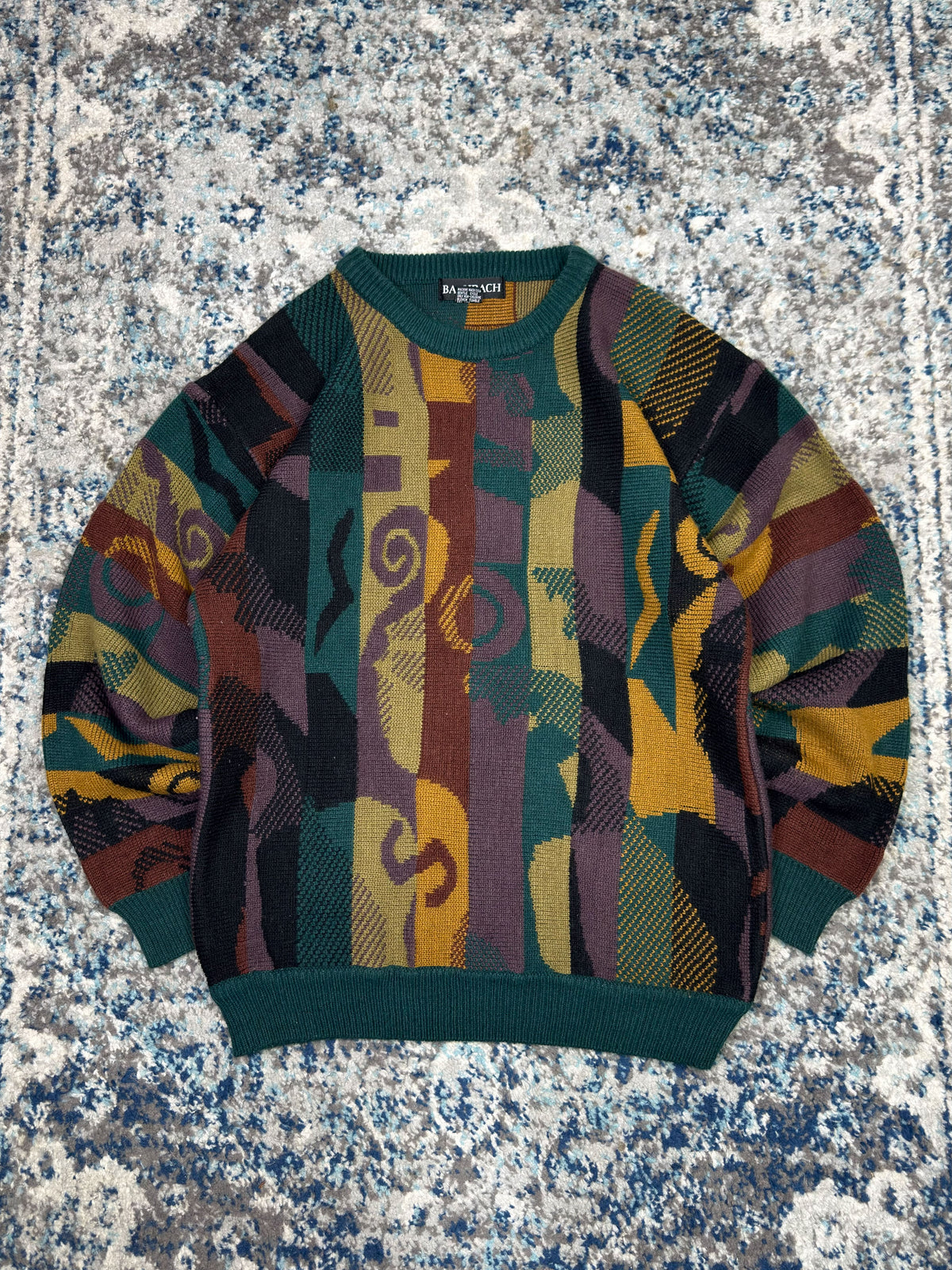Vintage 90s Bacharach Abstract Stripe Pattern Ribbed Collar Pullover Knit Sweater Size Medium