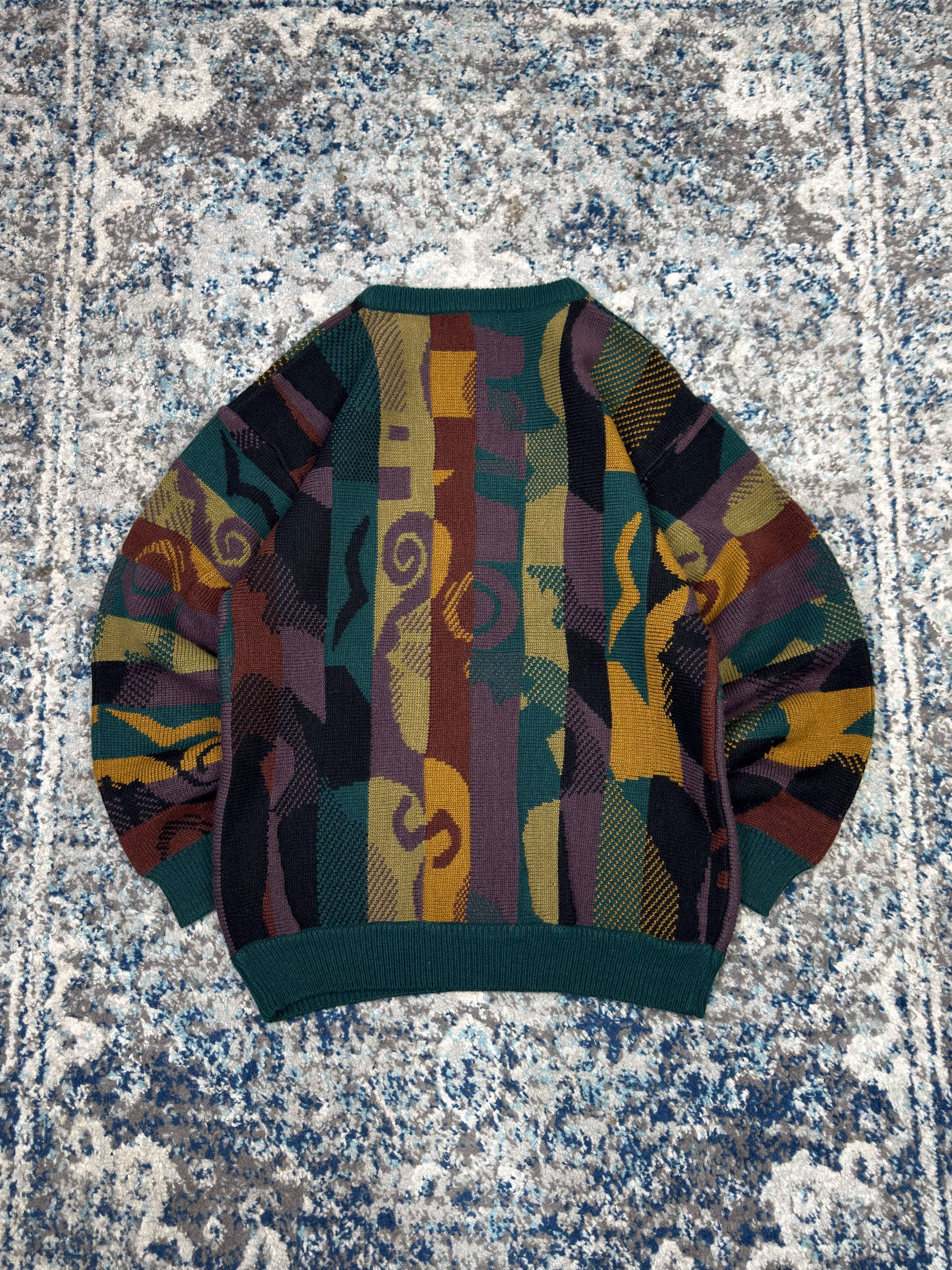 Vintage 90s Bacharach Abstract Stripe Pattern Ribbed Collar Pullover Knit Sweater Size Medium