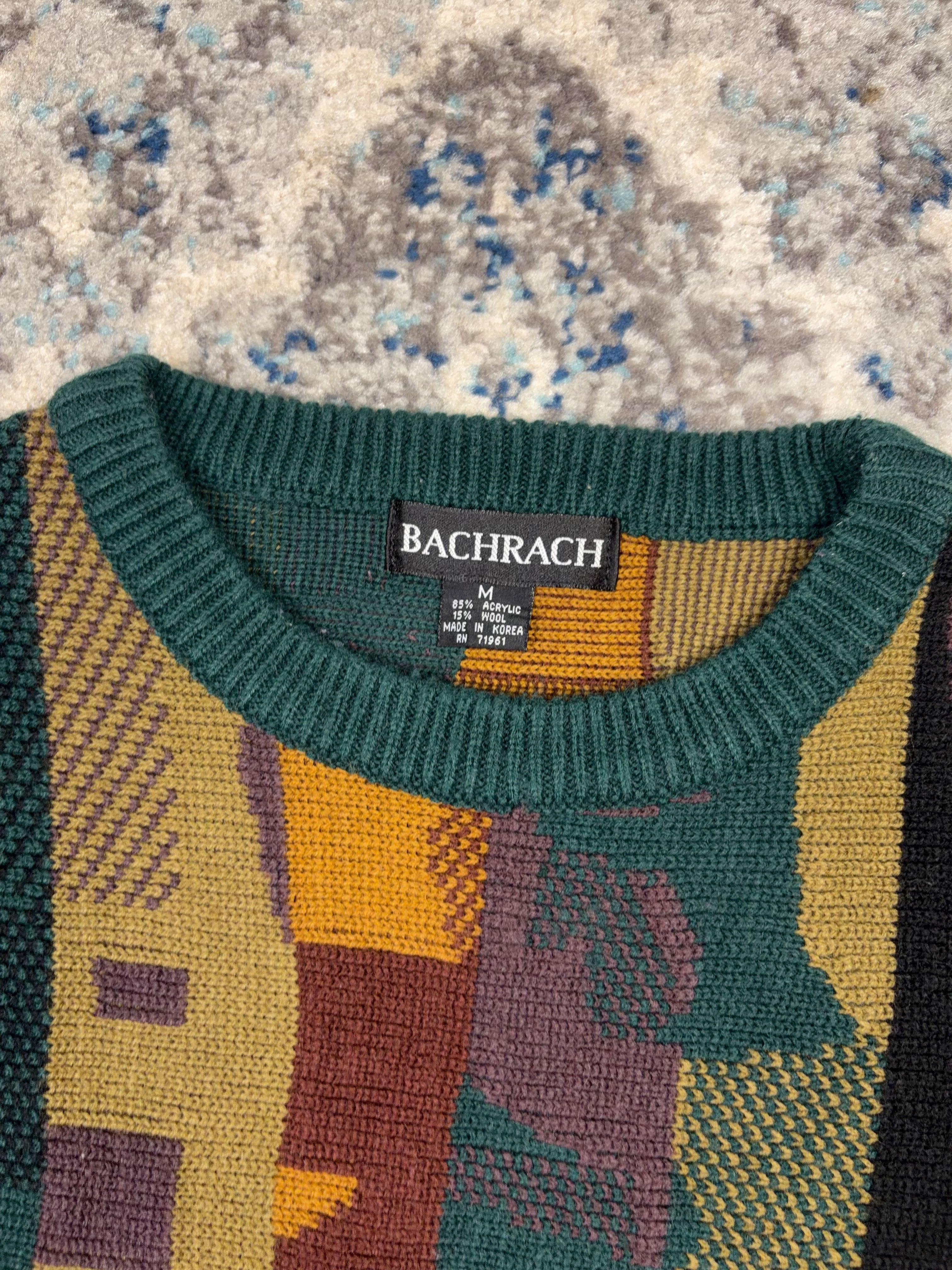 Vintage 90s Bacharach Abstract Stripe Pattern Ribbed Collar Pullover Knit Sweater Size Medium