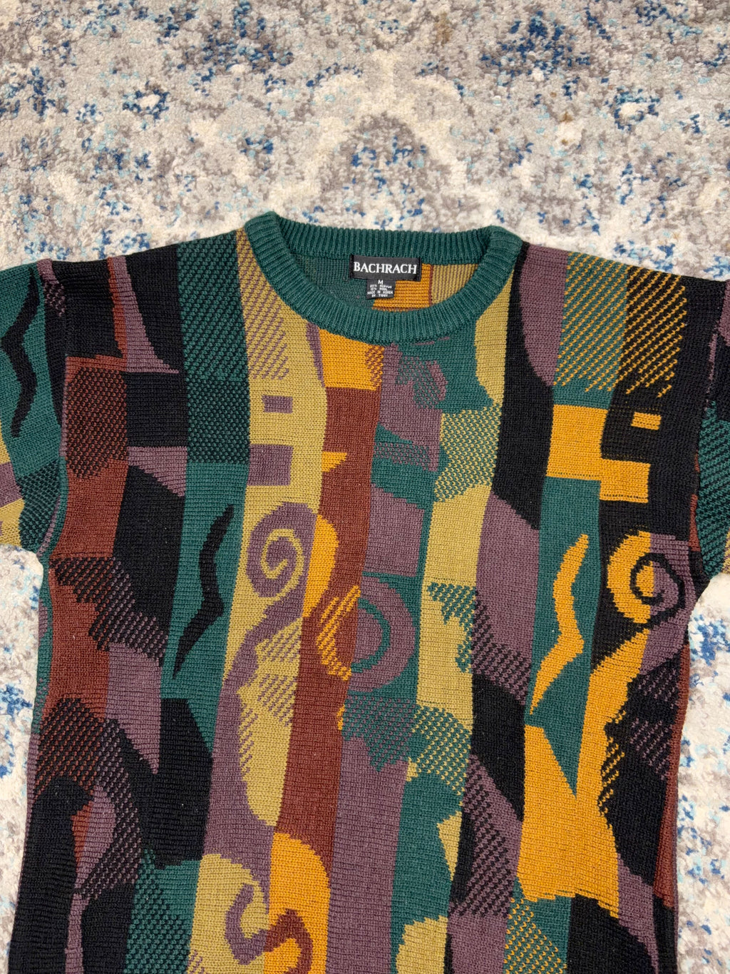 Vintage 90s Bacharach Abstract Stripe Pattern Ribbed Collar Pullover Knit Sweater Size Medium