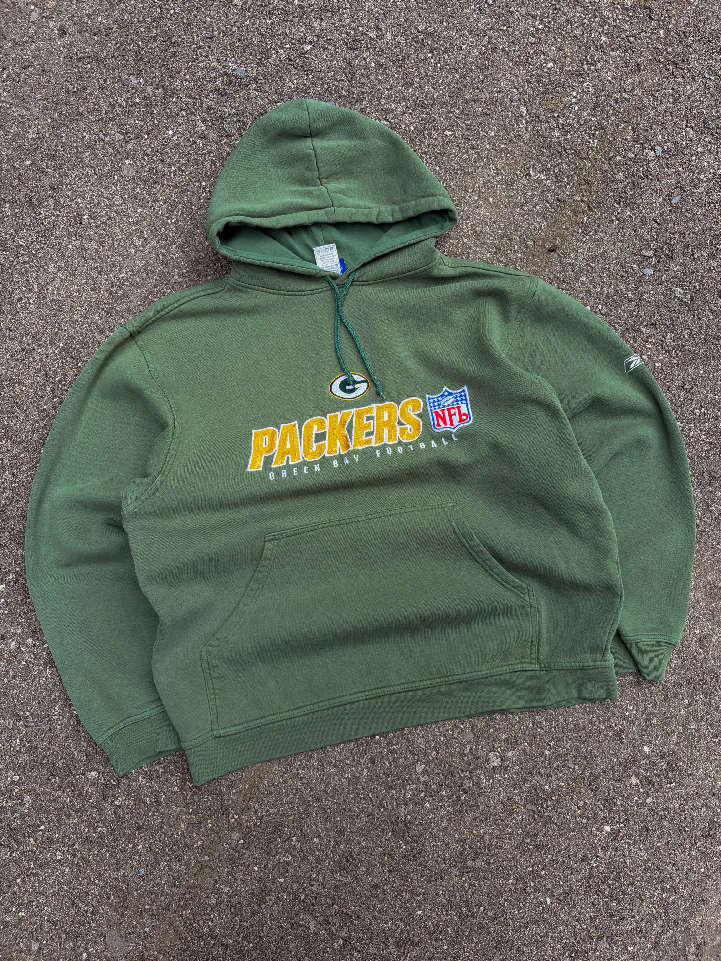 Vintage Green Bay Packers NFL Embroidered Spellout Reebok Hooded Sweatshirt Size Large