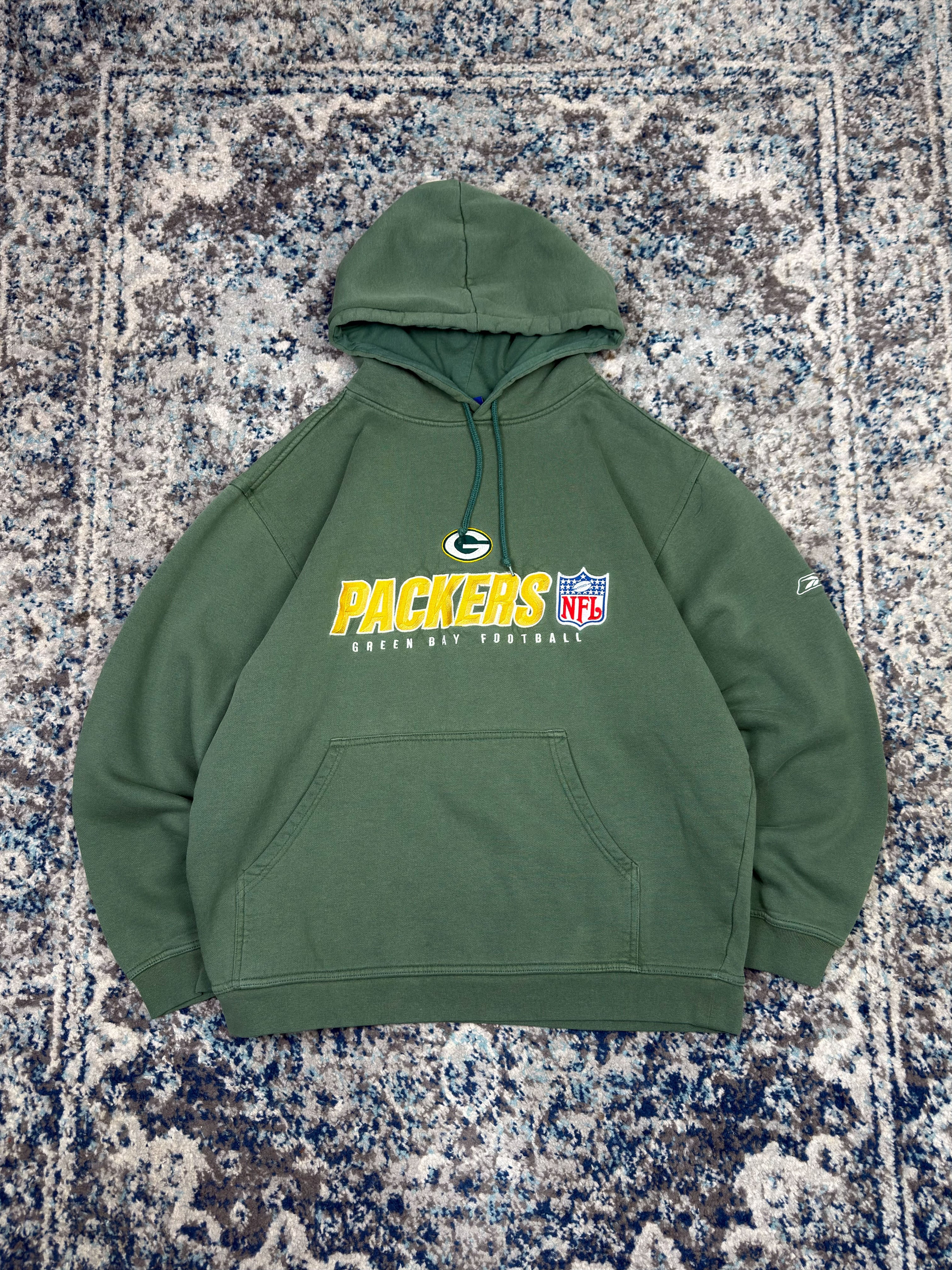 Vintage Green Bay Packers NFL Embroidered Spellout Reebok Hooded Sweatshirt Size Large