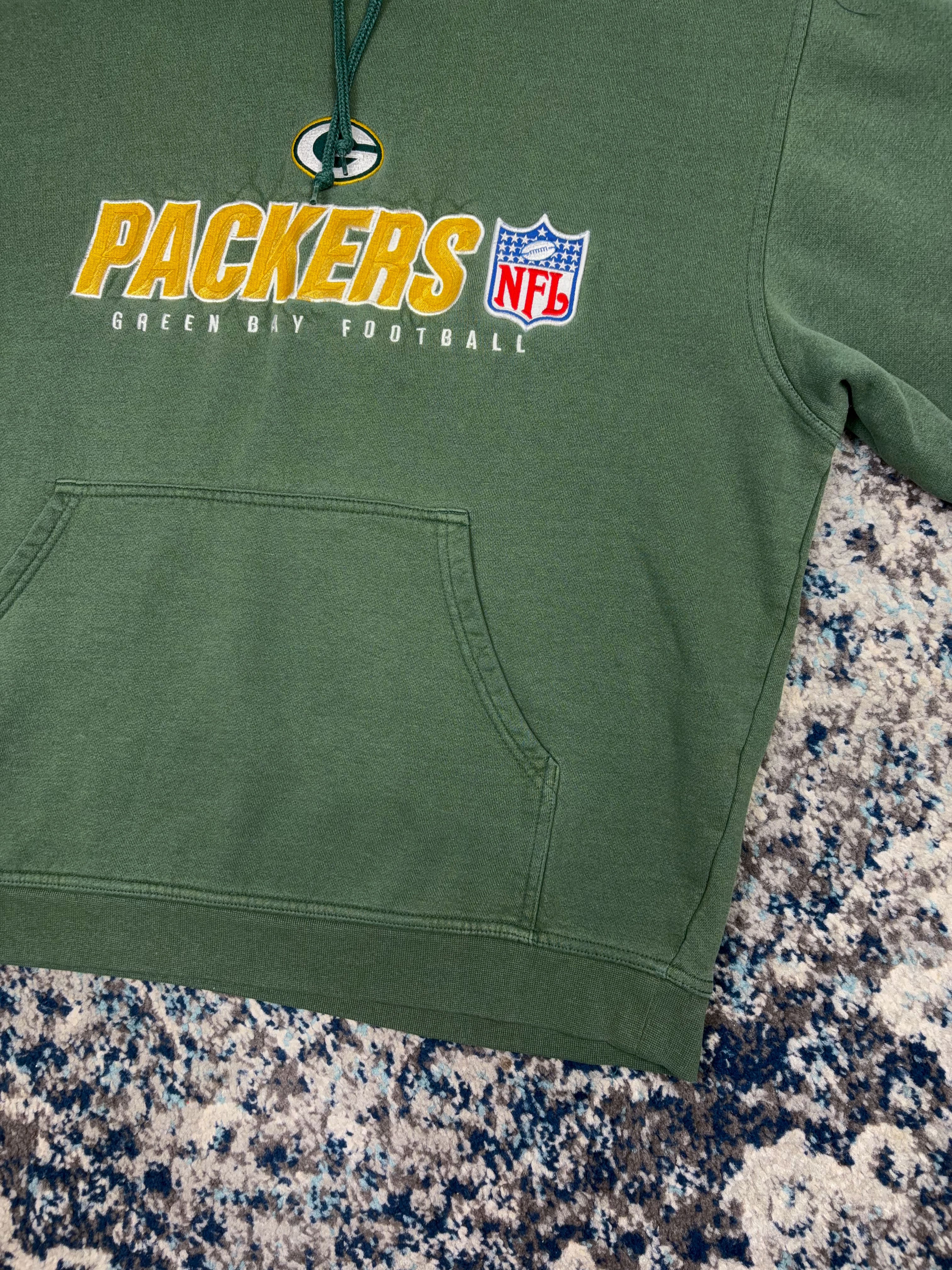 Vintage Green Bay Packers NFL Embroidered Spellout Reebok Hooded Sweatshirt Size Large