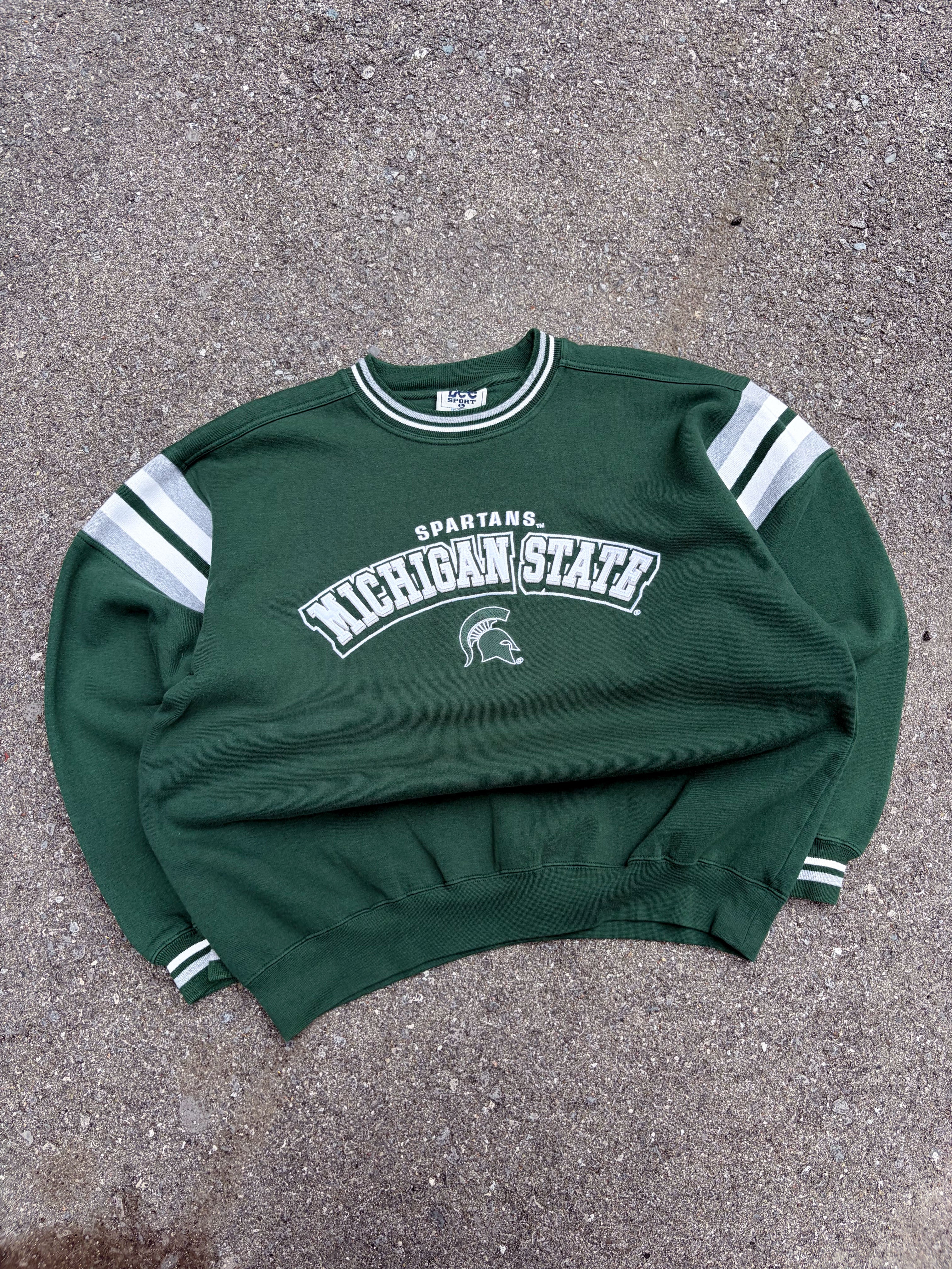 Vintage Michigan State Spartans NCAA Embroidered Spellout Striped Crewneck Sweatshirt Size Large