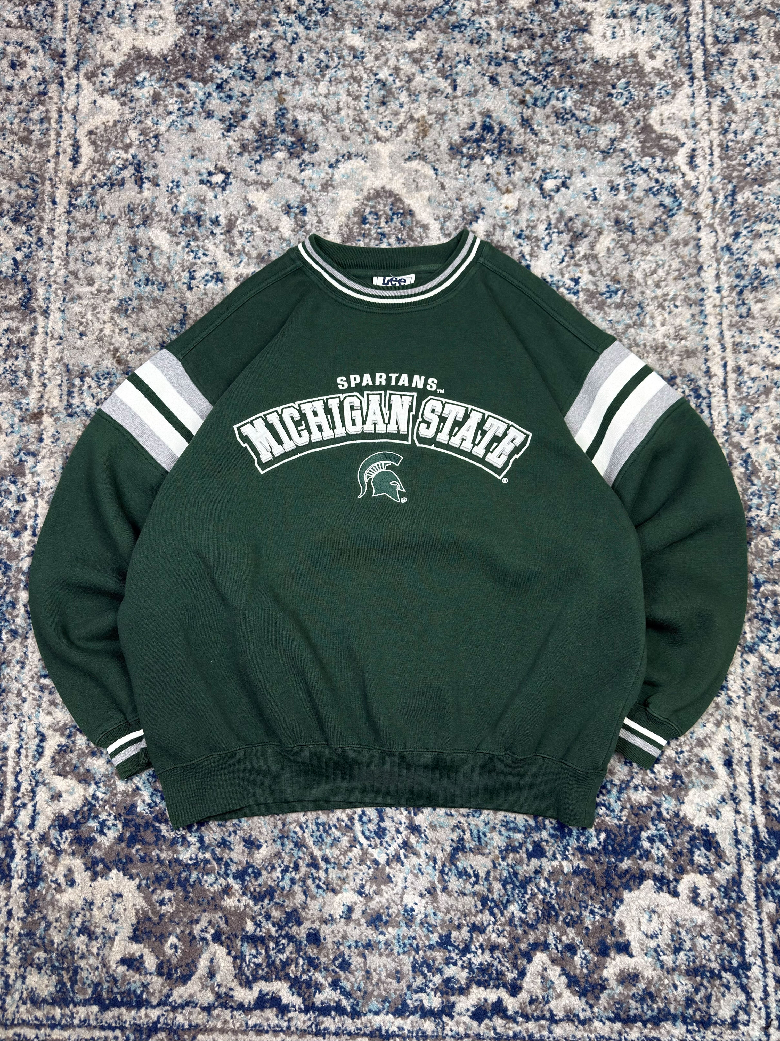 Vintage Michigan State Spartans NCAA Embroidered Spellout Striped Crewneck Sweatshirt Size Large
