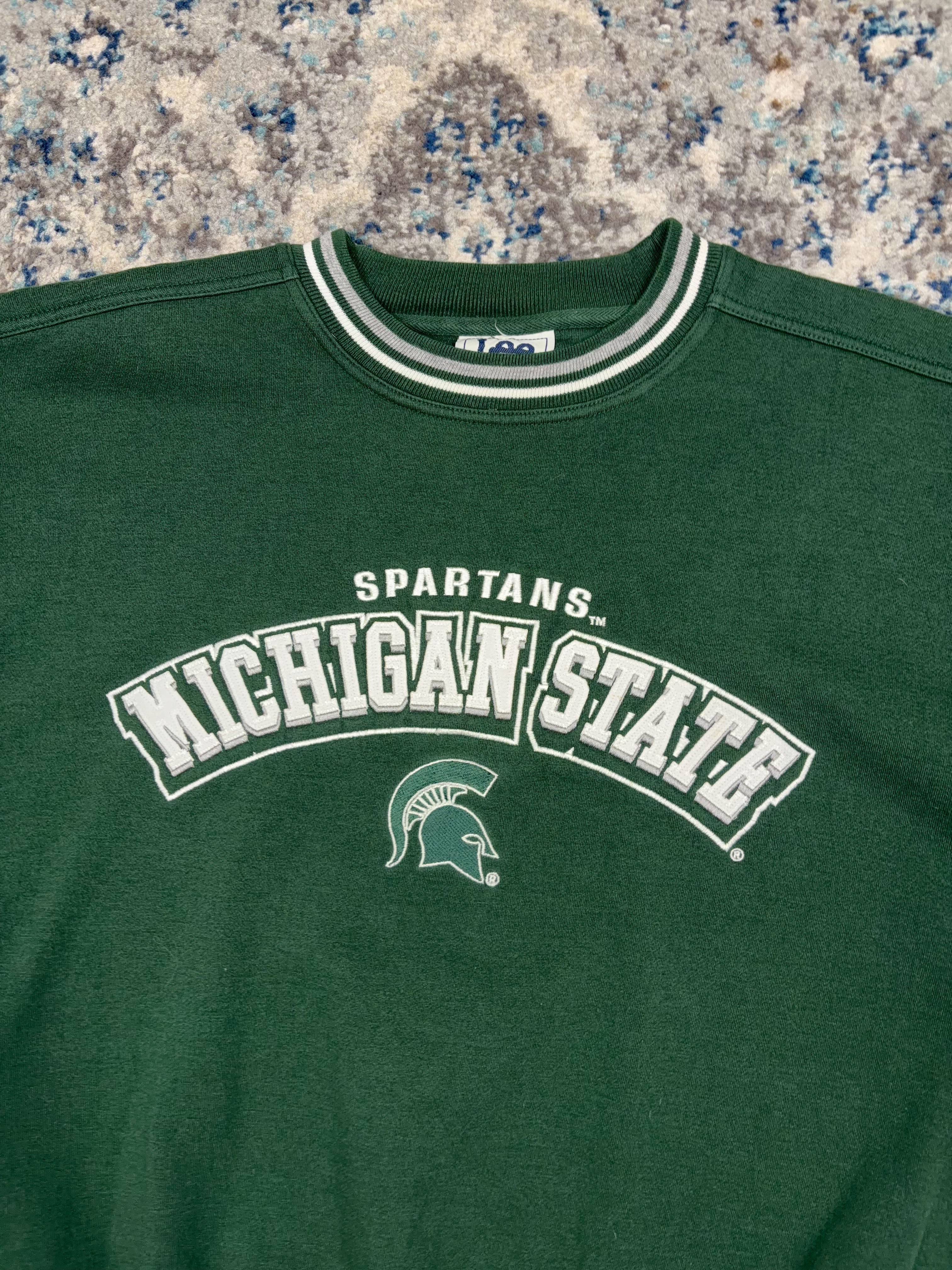 Vintage Michigan State Spartans NCAA Embroidered Spellout Striped Crewneck Sweatshirt Size Large