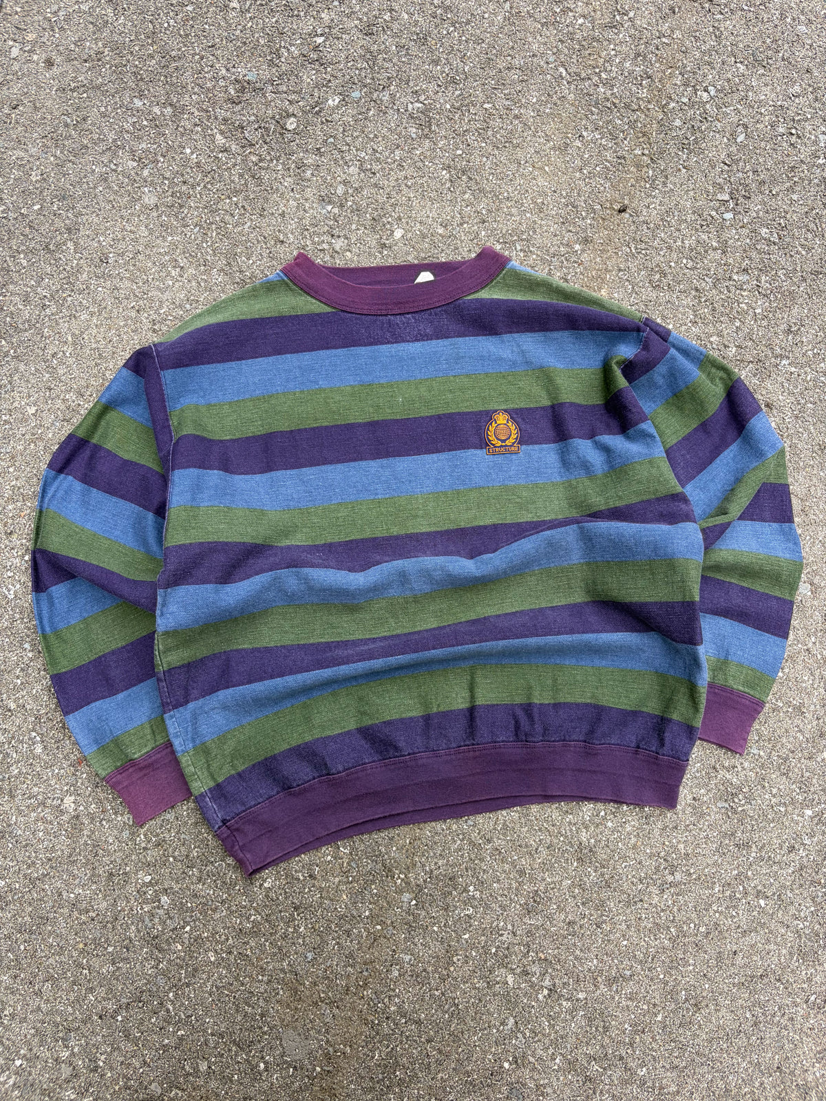 Vintage 90s Structure Embroidered Crest Graphic Striped Crewneck Sweatshirt Size Large