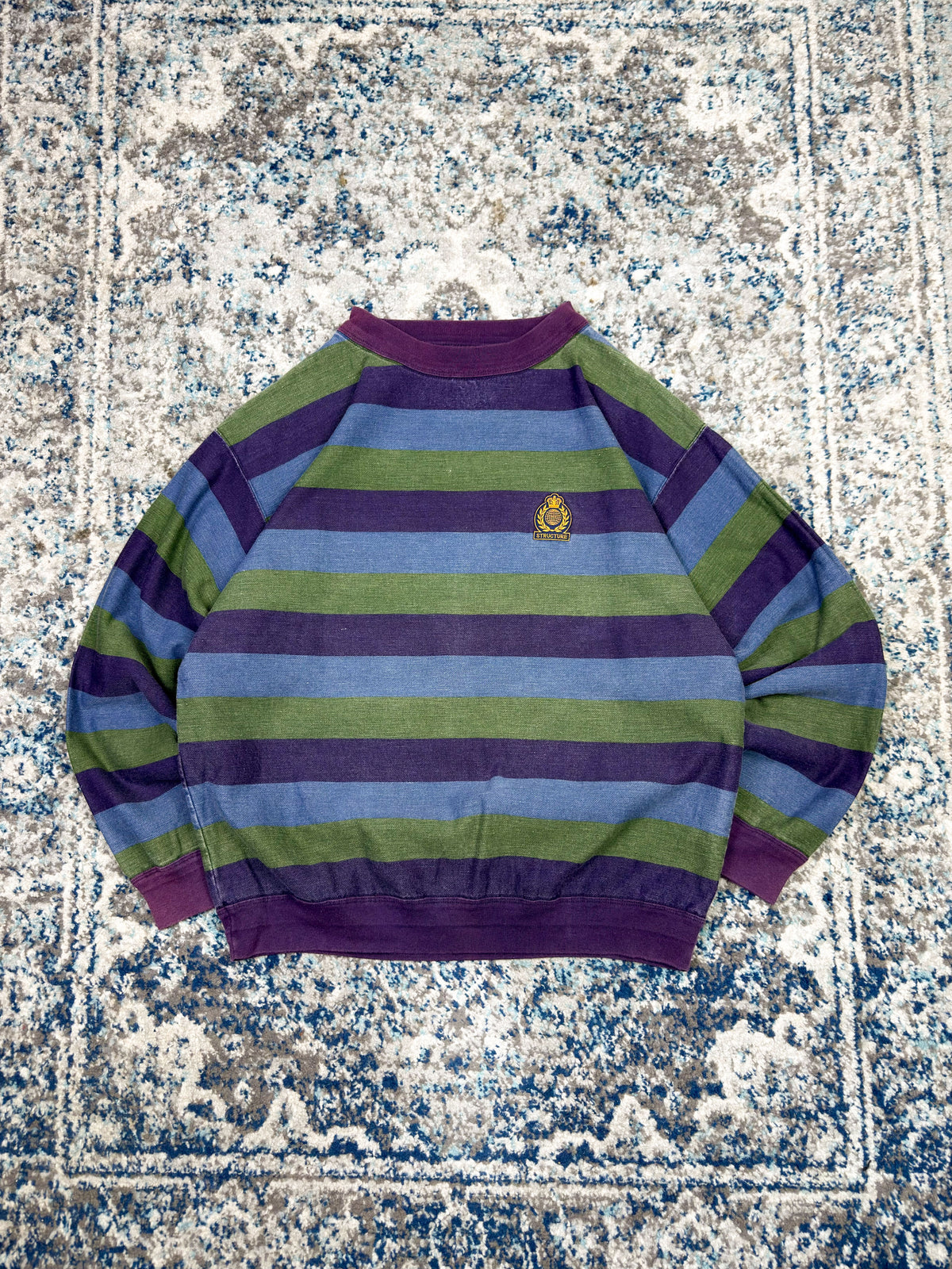 Vintage 90s Structure Embroidered Crest Graphic Striped Crewneck Sweatshirt Size Large