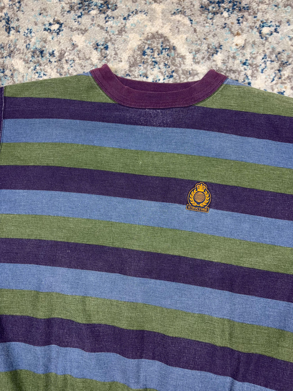 Vintage 90s Structure Embroidered Crest Graphic Striped Crewneck Sweatshirt Size Large