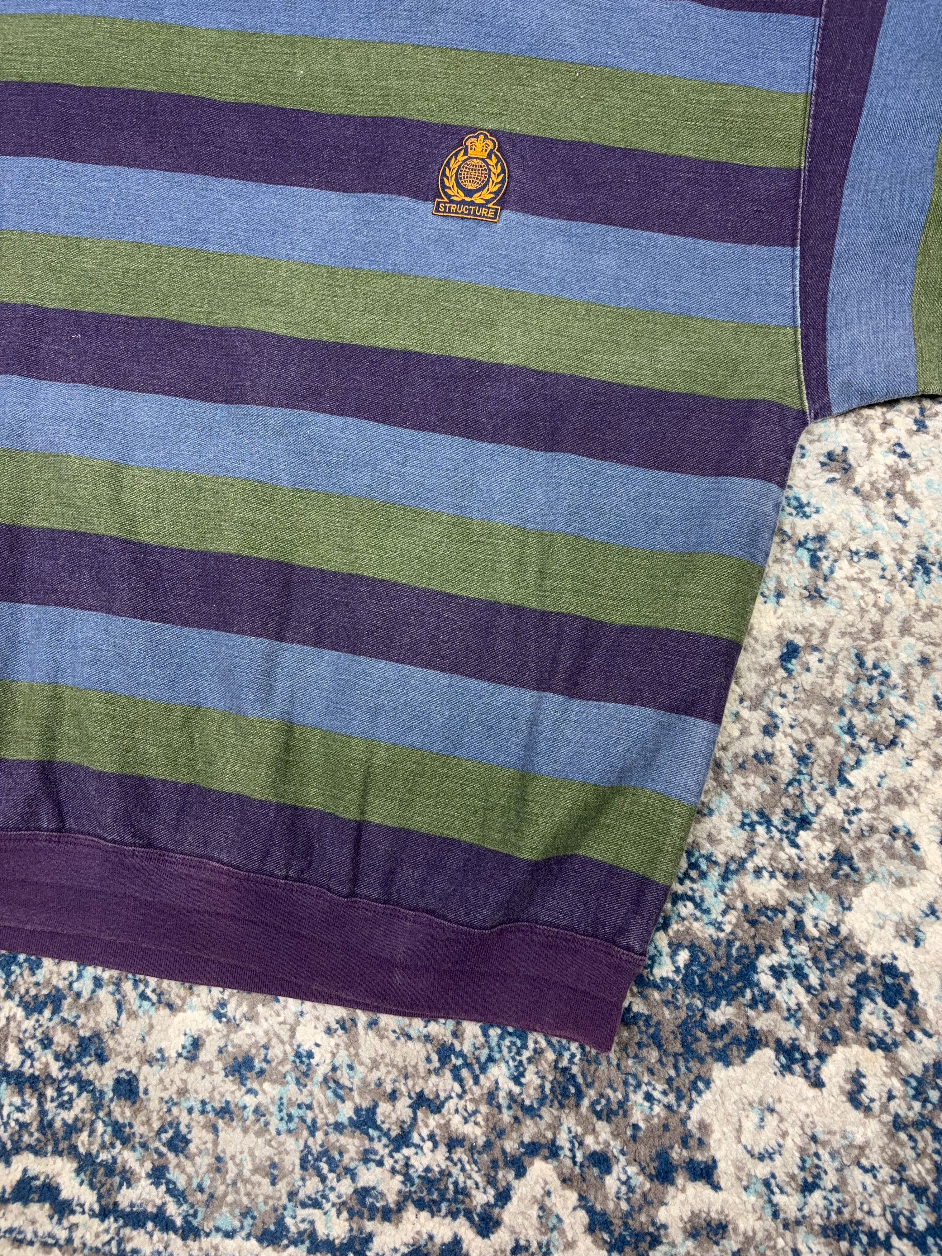 Vintage 90s Structure Embroidered Crest Graphic Striped Crewneck Sweatshirt Size Large