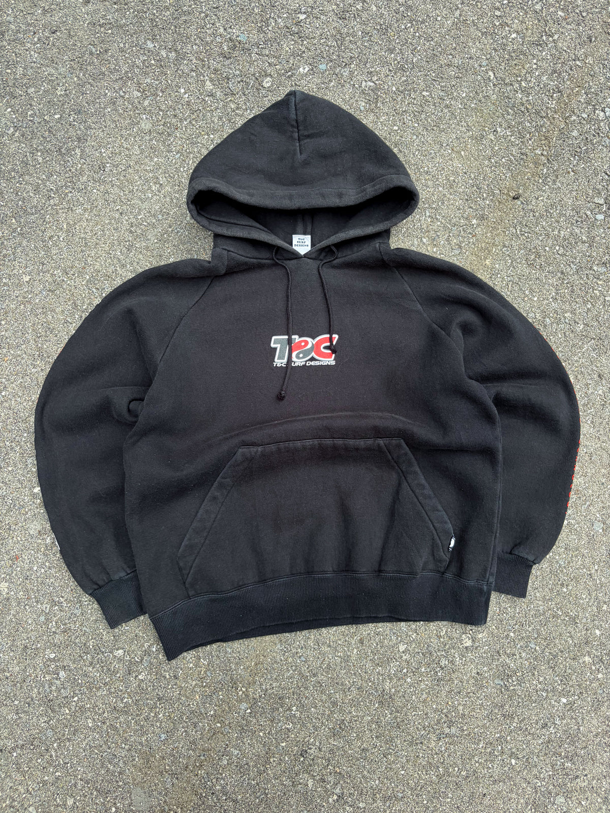 Vintage T&C Surf Designs Graphic Logo Spellout Hooded Sweatshirt Size Medium
