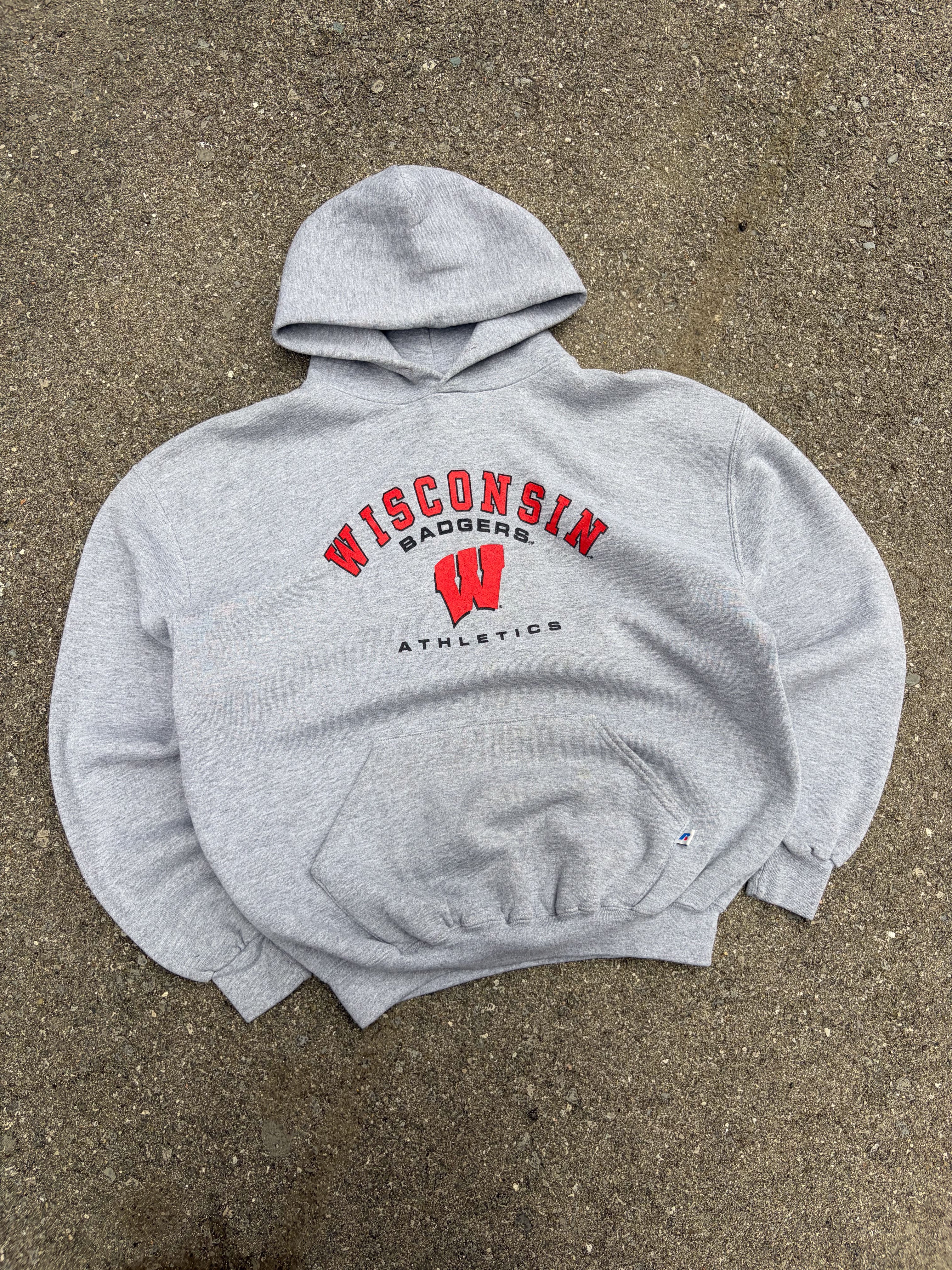 Vintage Wisconsin Badgers NCAA Athletics Spellout Graphic Hooded Sweatshirt Size XL
